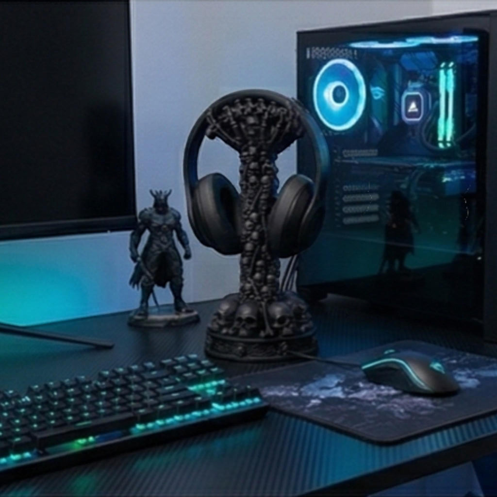 Happy3dWorld matte black skull column headphone stand displayed on a gaming desk with a PC and keyboard