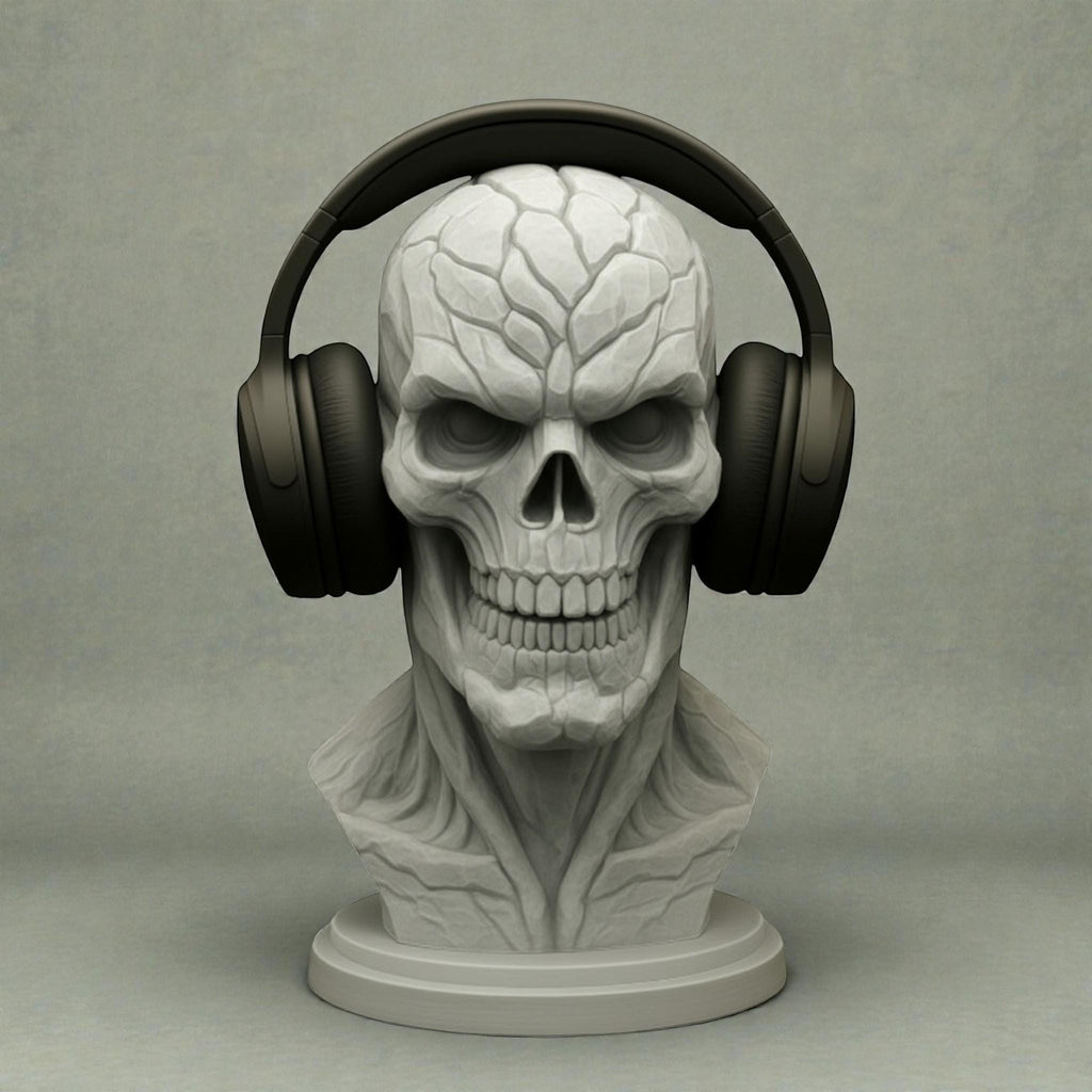 Happy3dWorld cyberpunk skull headset holder in matte grey PLA, featuring detailed anatomical textures for gaming desks.