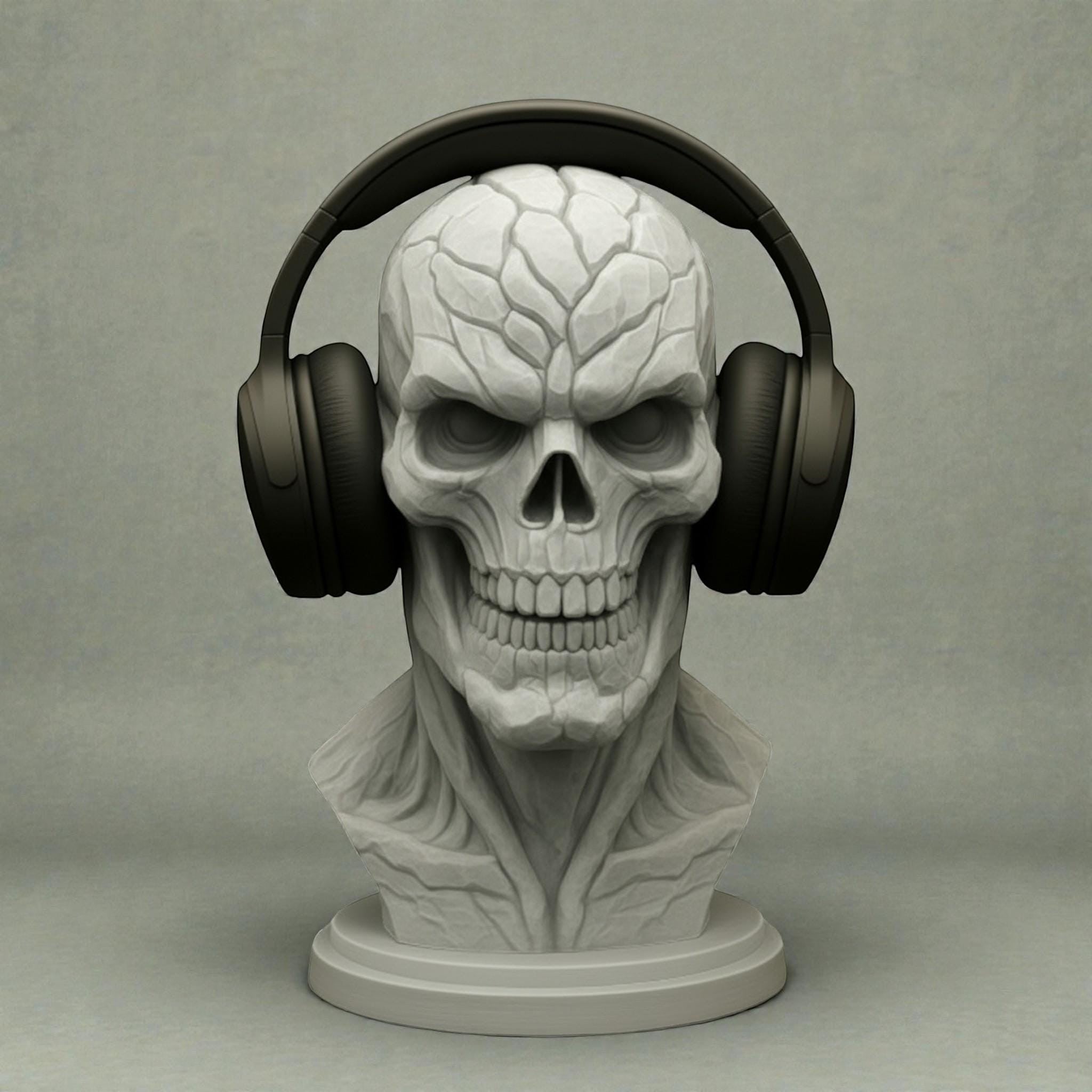 Happy3dWorld cyberpunk skull headset holder in matte grey PLA, featuring detailed anatomical textures for gaming desks.