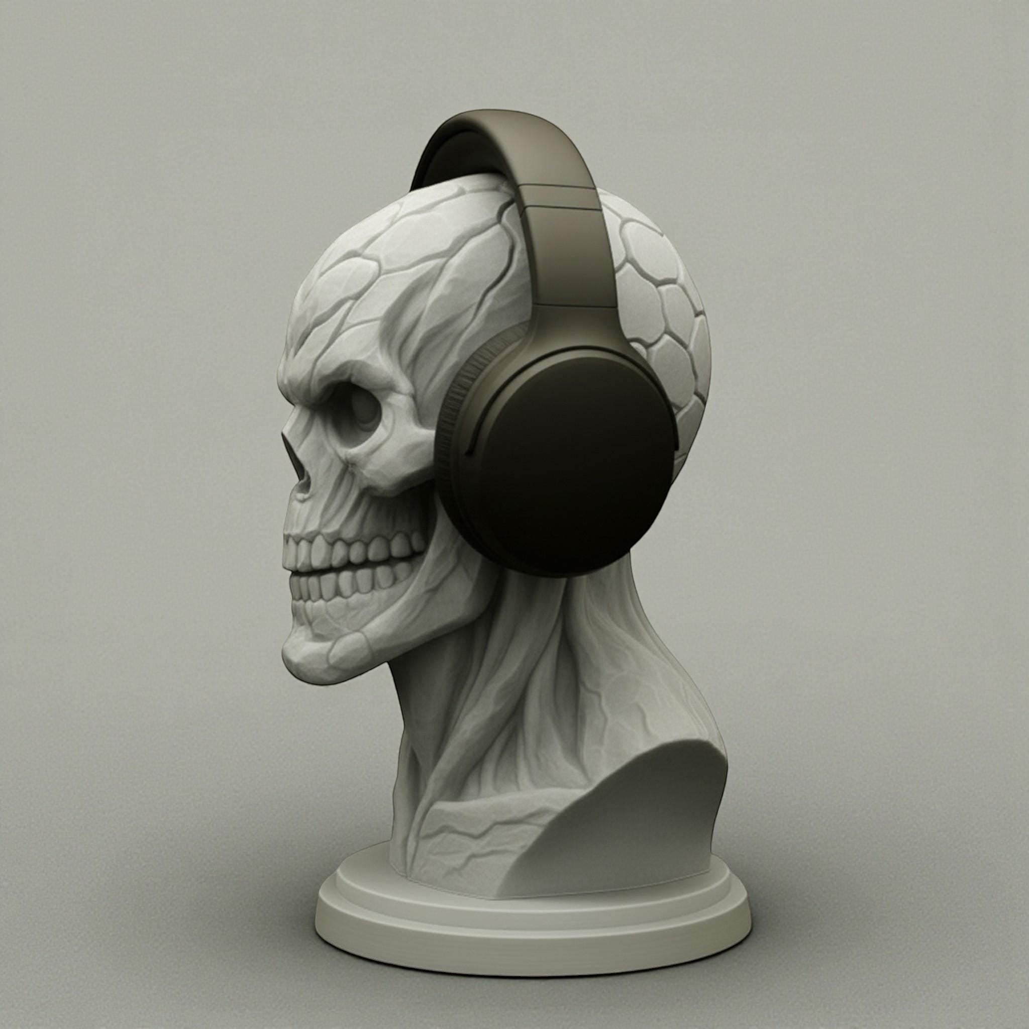 Happy3dWorld cyberpunk skull headset holder with black over-ear headphones on a light grey background