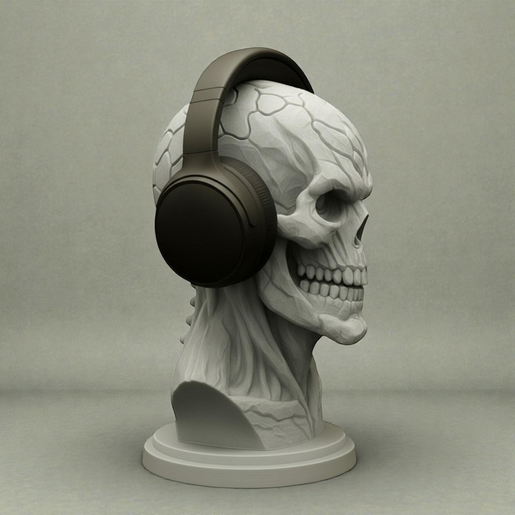 Happy3dWorld skeleton skull headset holder with a smooth matte finish for gaming desk decor