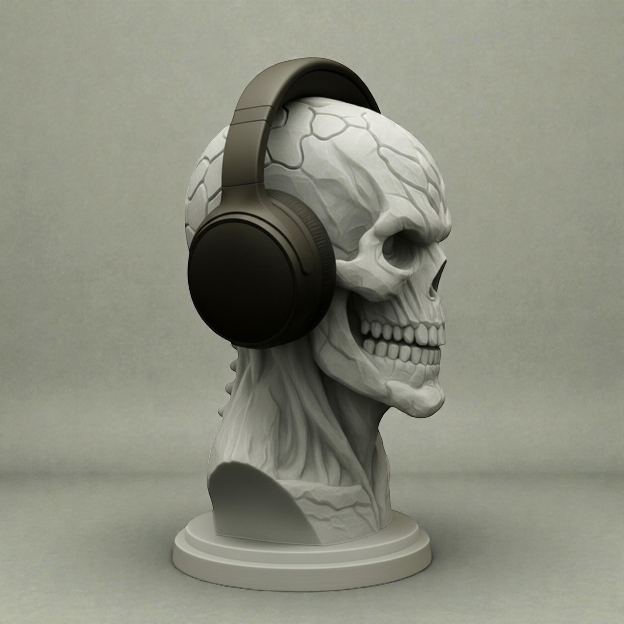 Happy3dWorld skeleton skull headset holder with a smooth matte finish for gaming desk decor