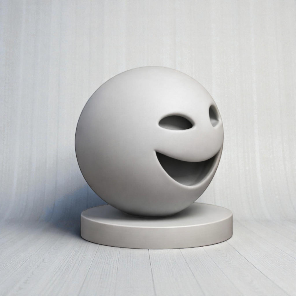Happy3dWorld minimalist grey smiley emoji headphone stand with a smooth matte finish on a round base