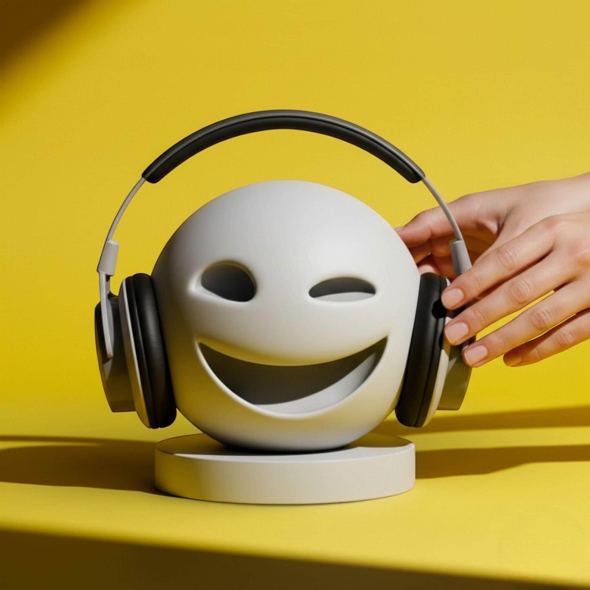 Happy3dWorld minimalist smiley emoji headphone stand with matte finish holding black over-ear gaming headset