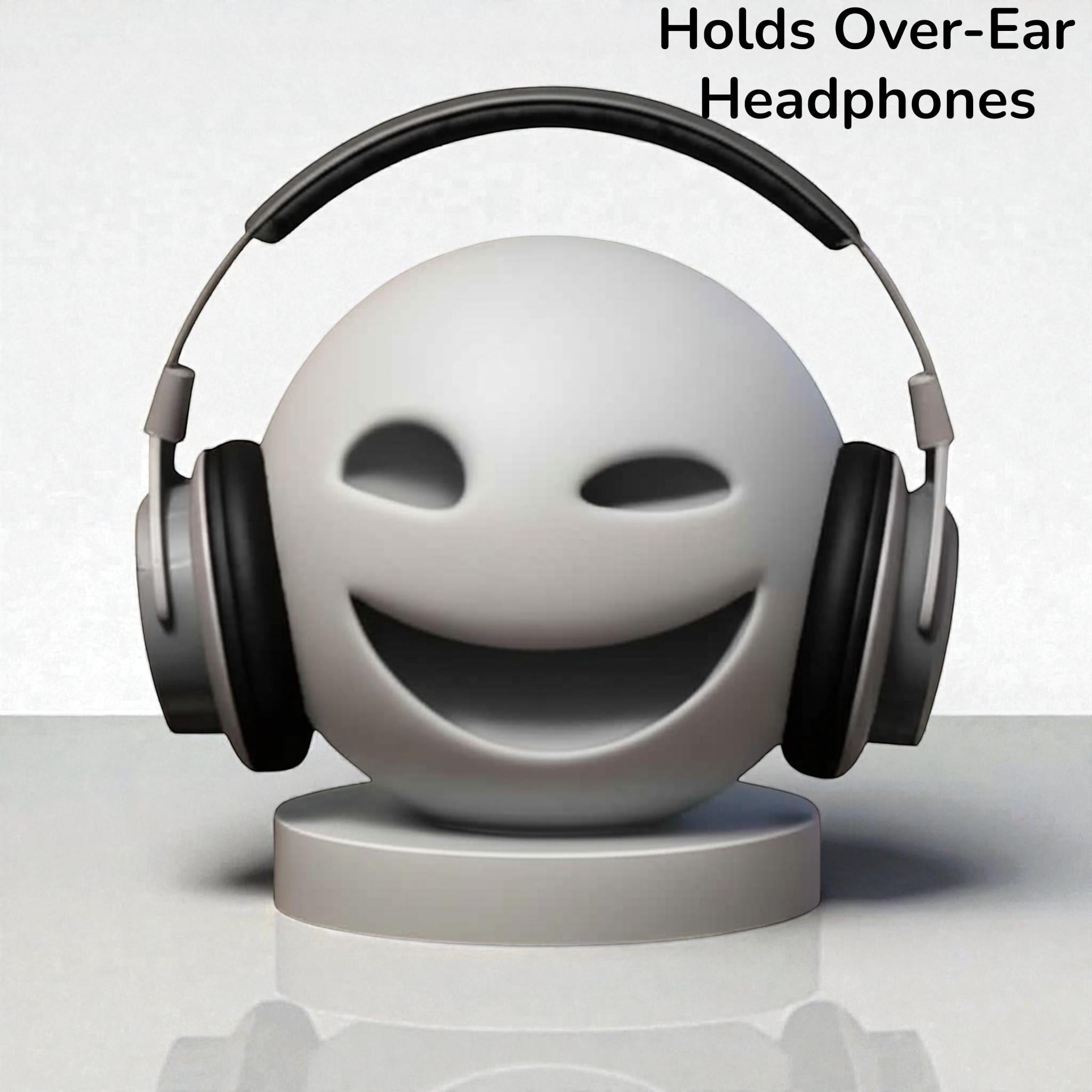Happy3dWorld minimalist smiley emoji headphone stand holding over-ear gaming headset on a desk