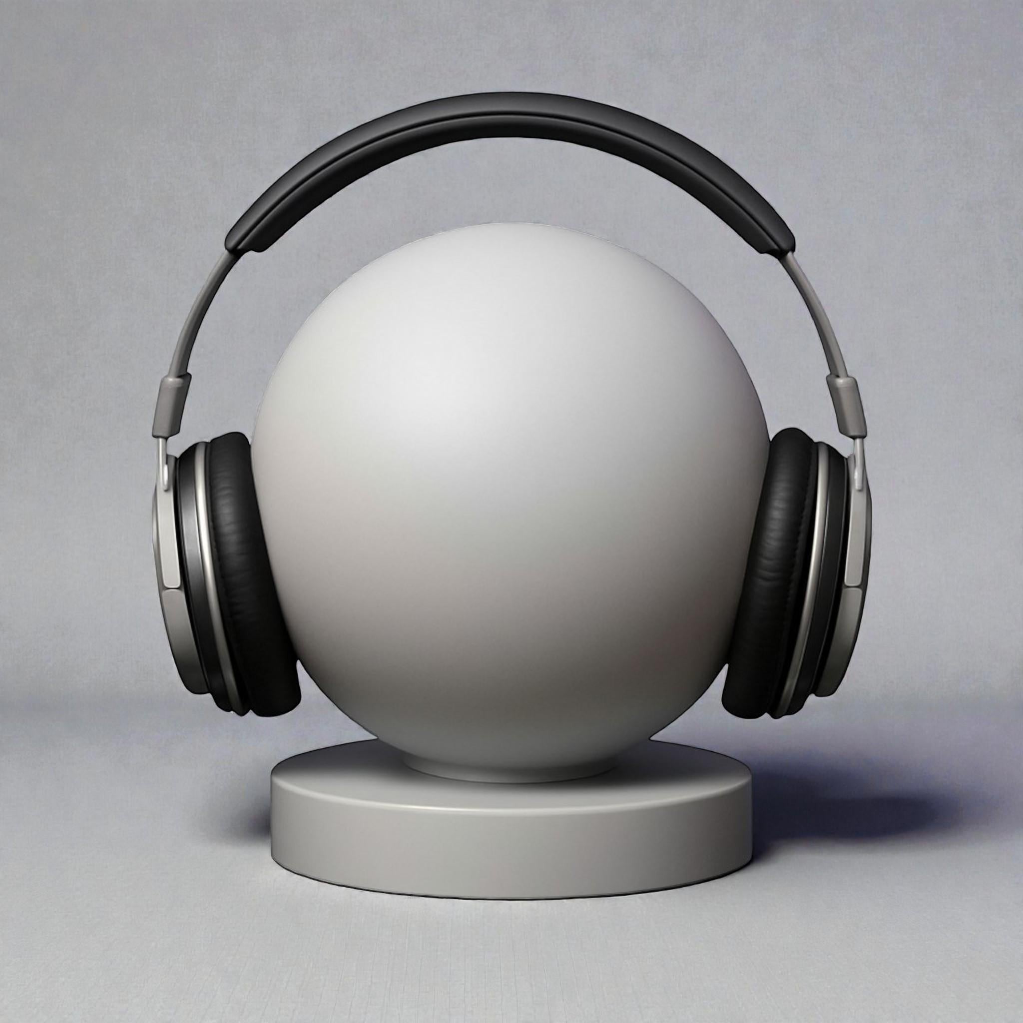Happy3dWorld minimalist grey smiley emoji headphone stand holding black over-ear gaming headset on a desk