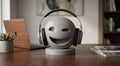 Happy3dWorld grey minimalist smiley emoji headphone stand holding over-ear gaming headset on a wooden desk.