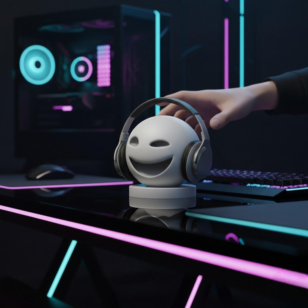 Happy3dWorld white minimalist smiley emoji headphone stand holding a headset on a dark gaming desk with neon lighting