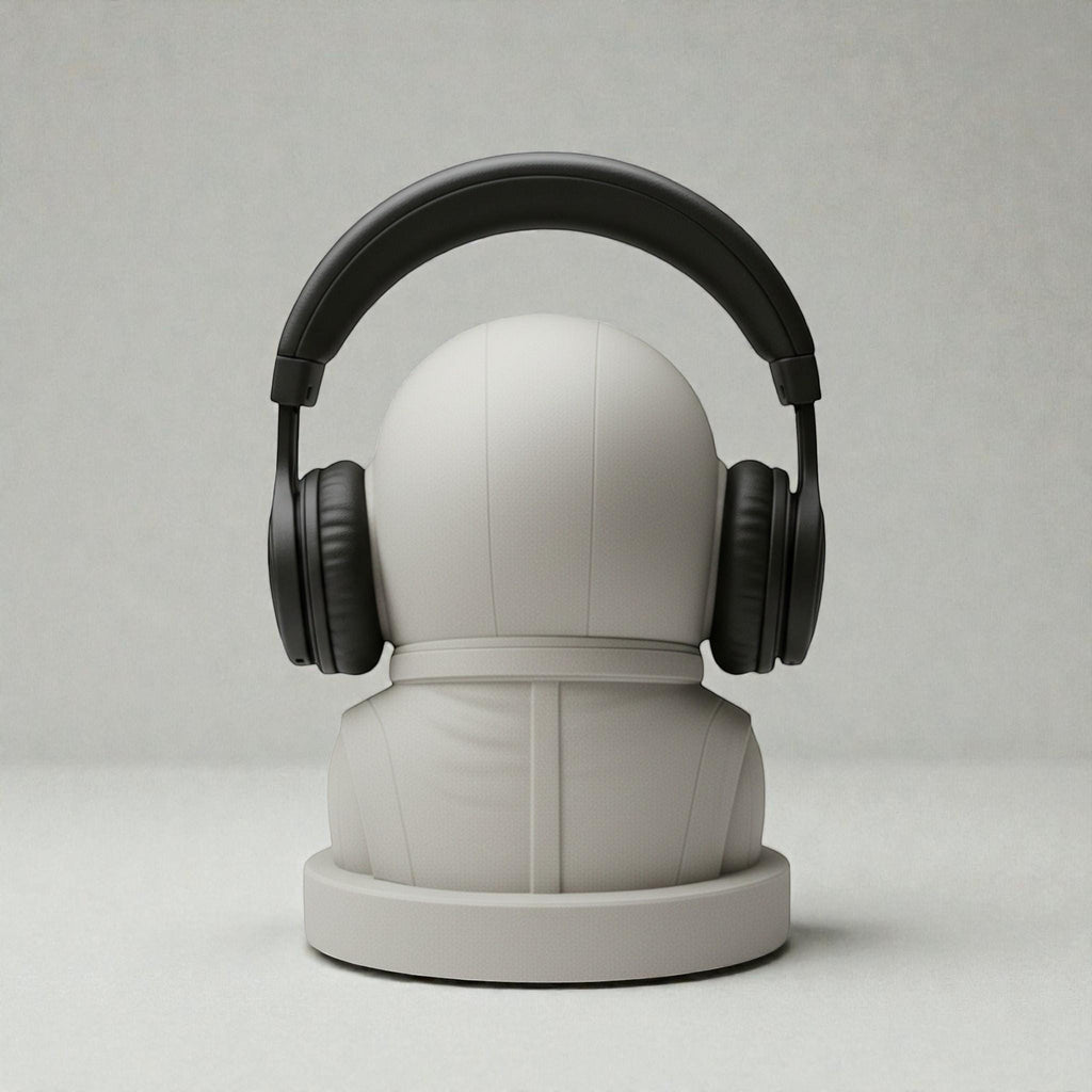 Happy3dWorld white astronaut headphone stand with black over-ear headset, matte PLA 3D printed desk decor.