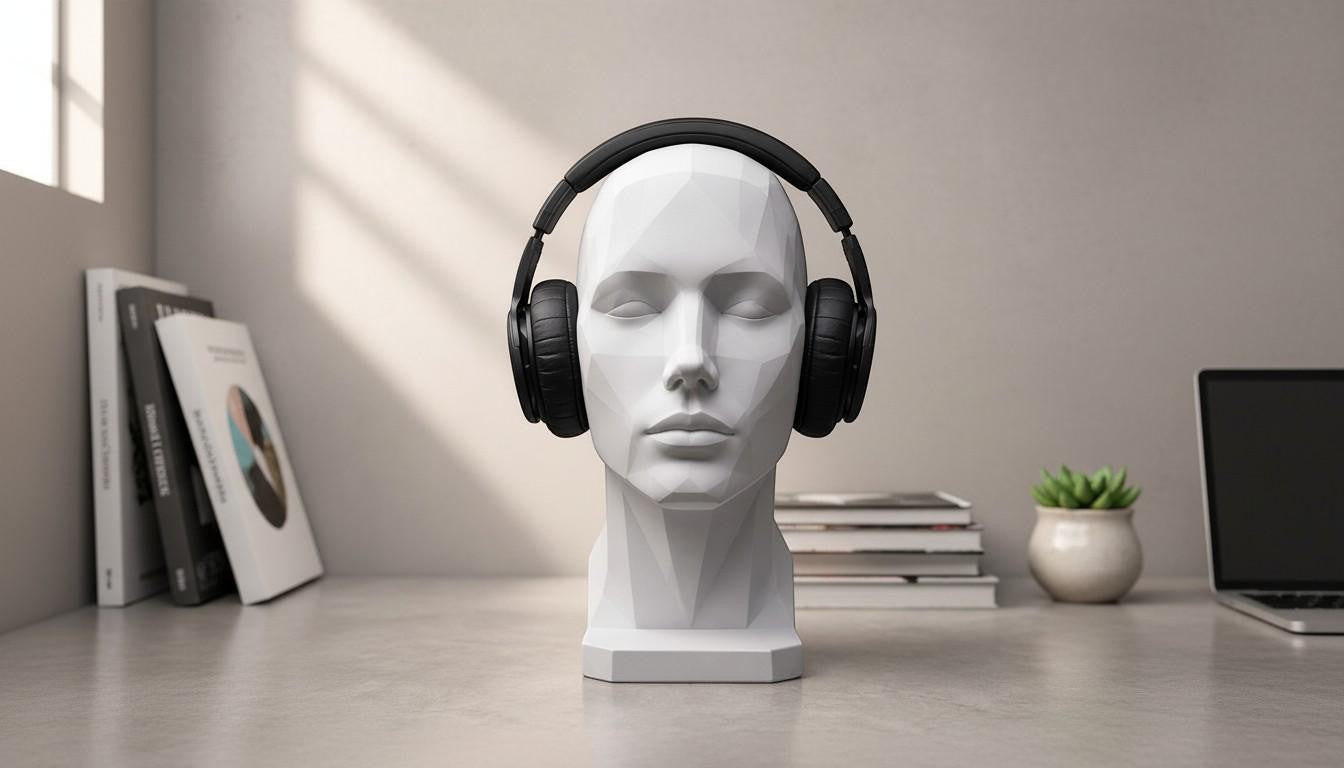Happy3dWorld white minimalist human bust headphone stand holding black over-ear headset on a modern desk
