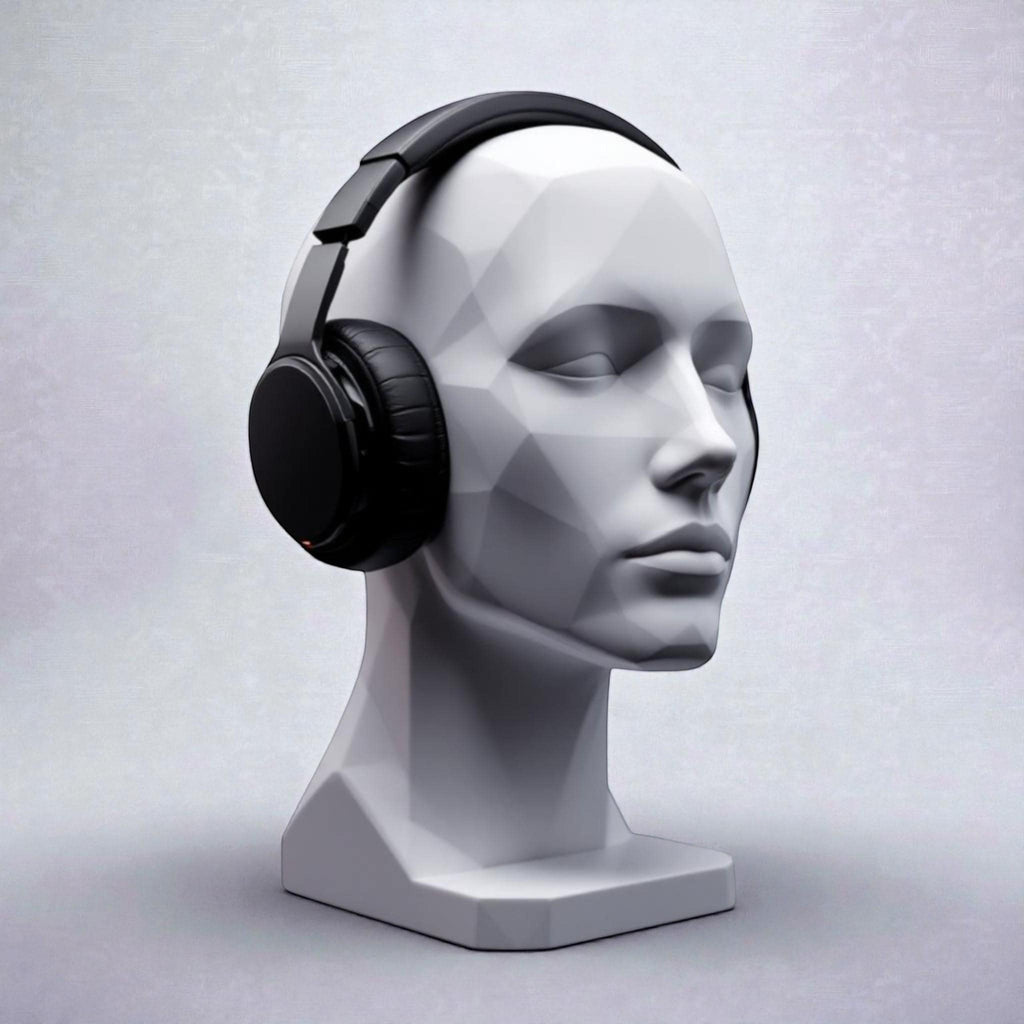 Happy3dWorld minimalist white human bust headphone stand displaying black over-ear headphones on a clean desk