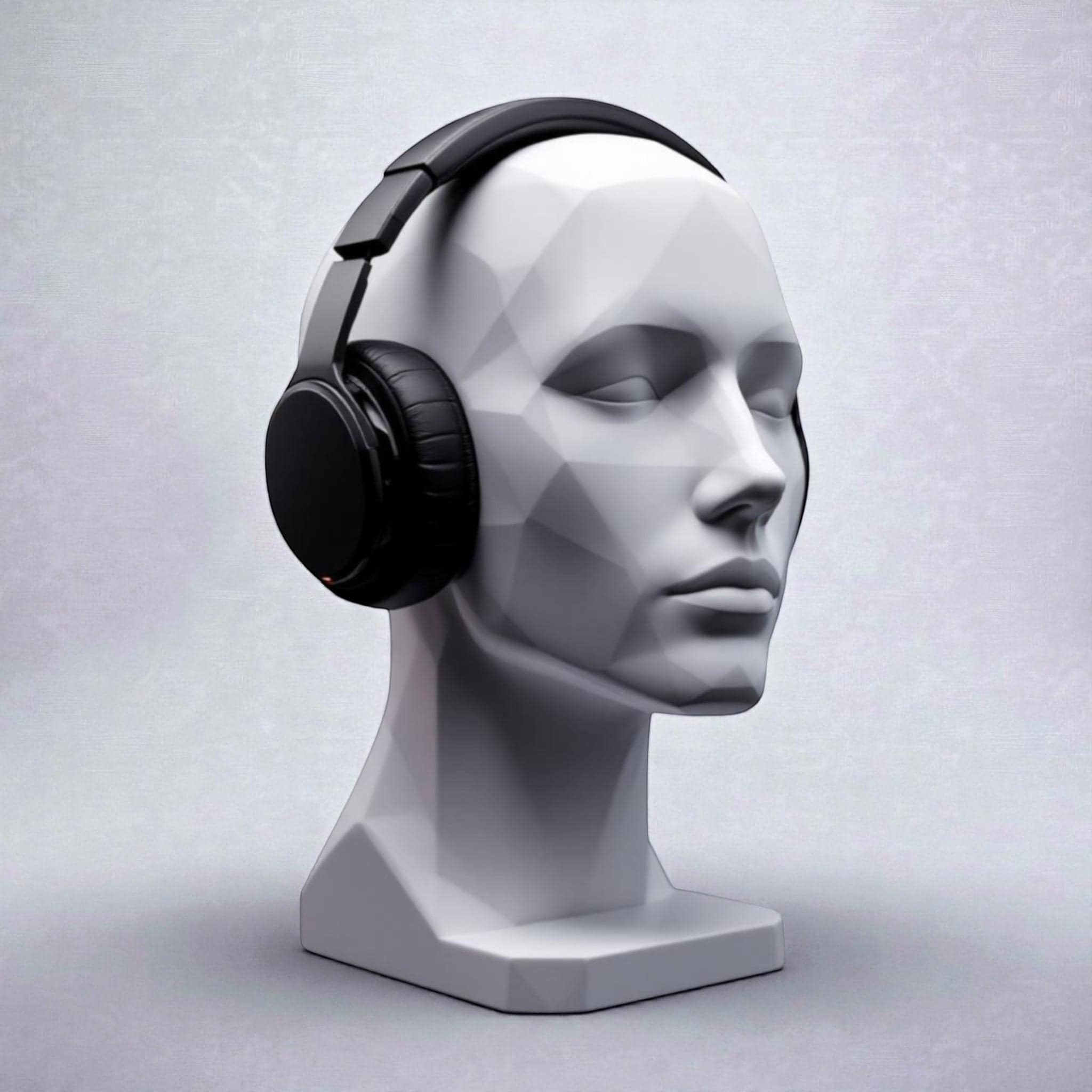 Happy3dWorld minimalist white human bust headphone stand displaying black over-ear headphones on a clean desk