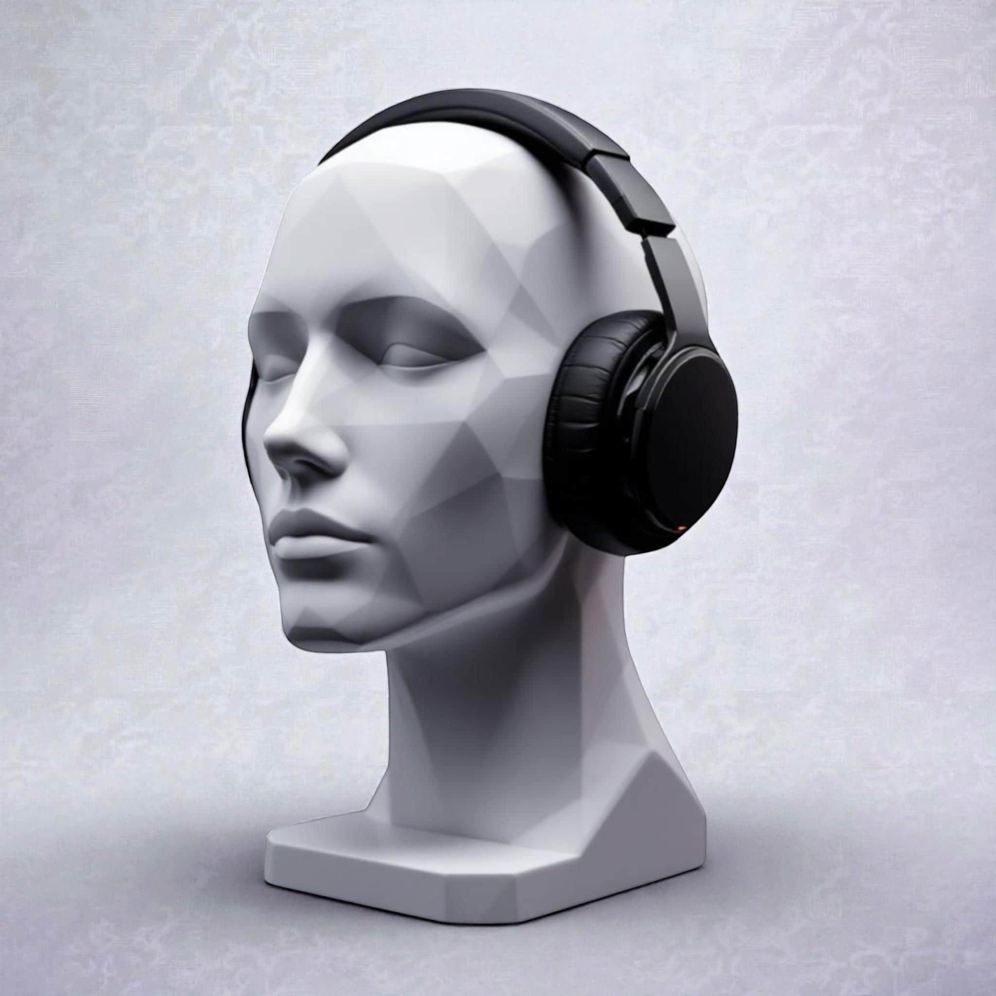 Happy3dWorld white minimalist human bust headphone stand displaying black over-ear headphones on a desk
