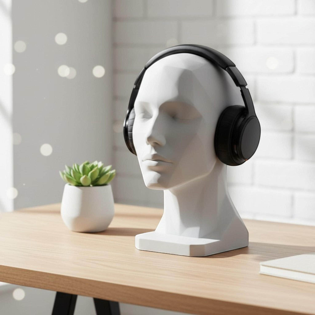 Happy3dWorld white minimalist human bust headphone stand holding black over-ear headset on a wooden desk