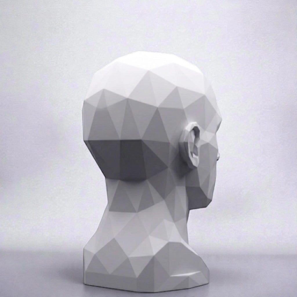 Happy3dWorld white geometric human bust headphone stand with a modern matte finish for minimalist desk organization.