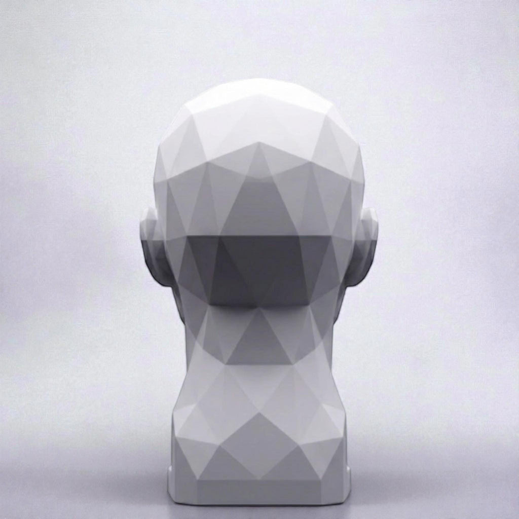 Happy3dWorld white minimalist human bust headphone stand with a geometric low-poly design for modern desk organization.
