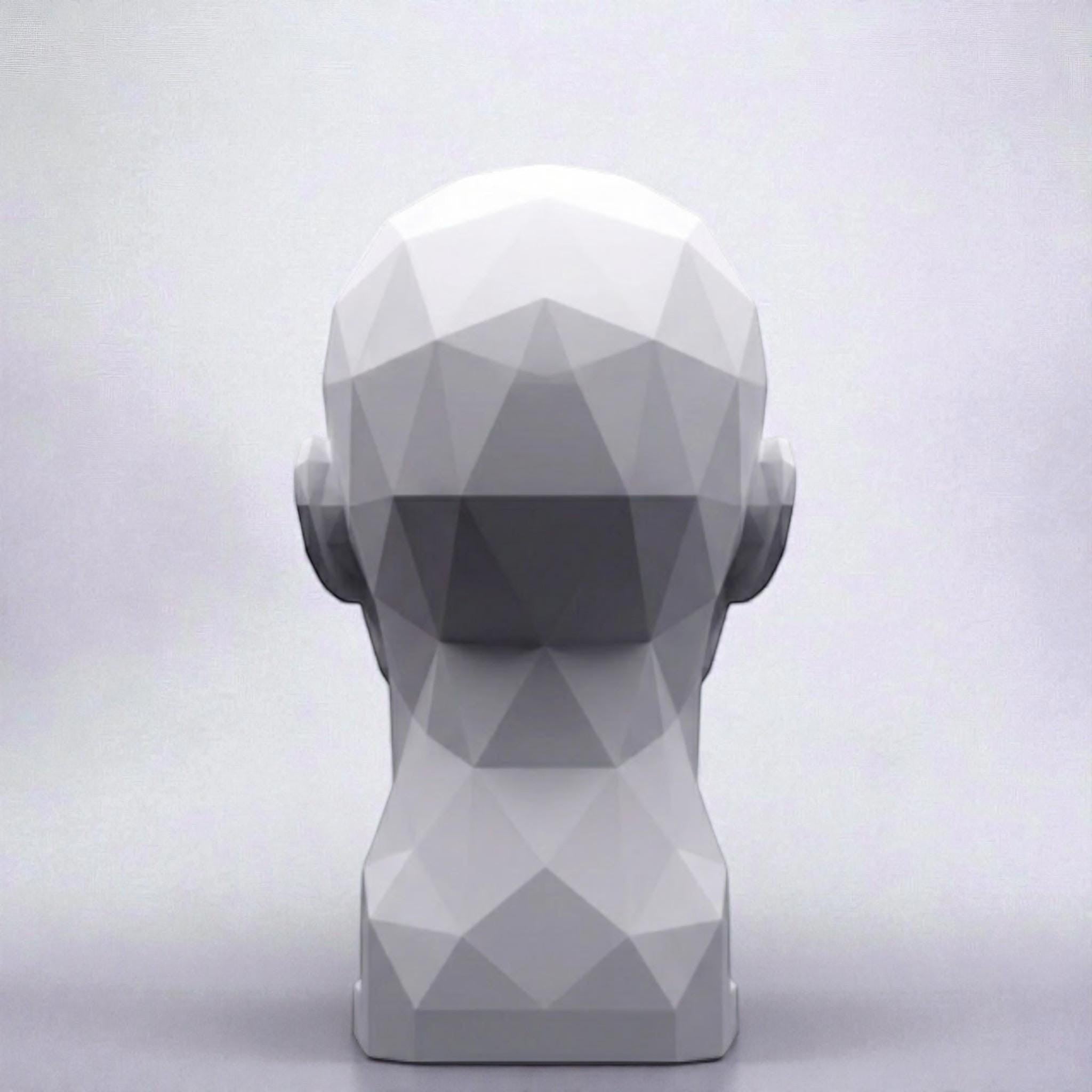 Happy3dWorld white minimalist human bust headphone stand with a geometric low-poly design for modern desk organization.