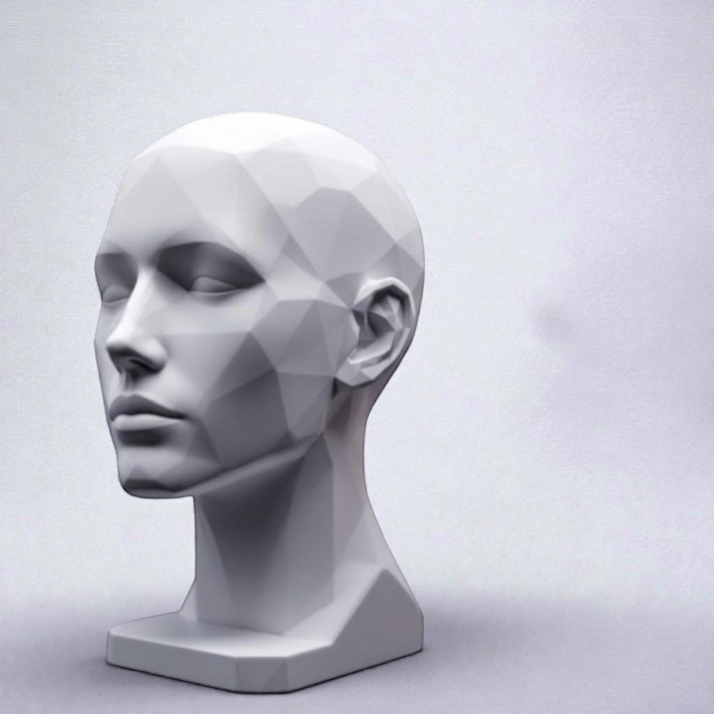 Happy3dWorld minimalist white human bust headphone stand with a modern geometric design for desk organization.