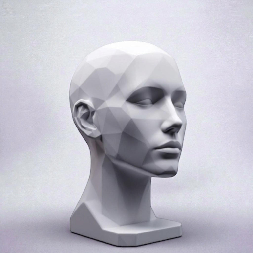 Happy3dWorld white minimalist human bust headphone stand with a modern geometric low-poly design for desk organization.