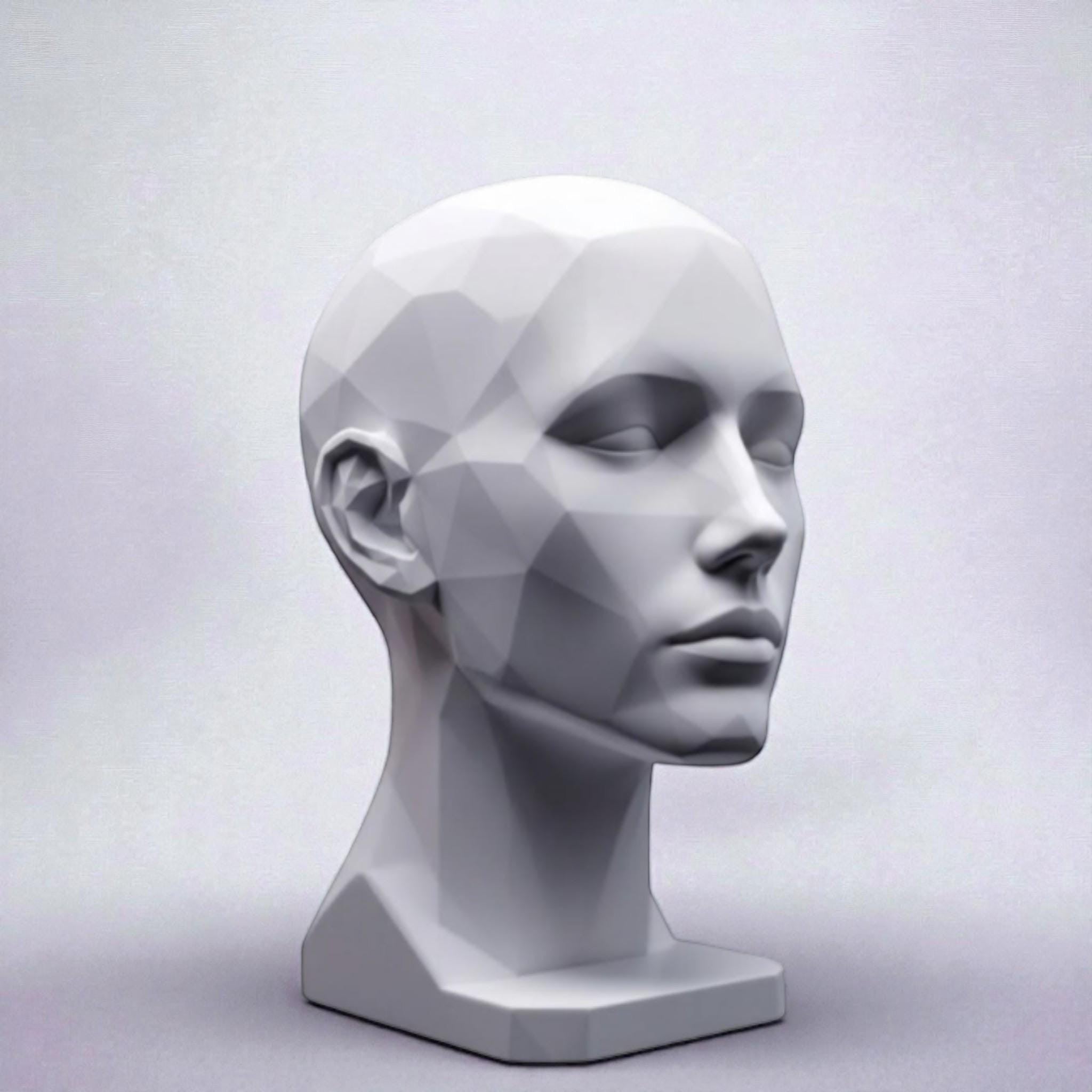 Happy3dWorld white minimalist human bust headphone stand with a modern geometric low-poly design for desk organization.