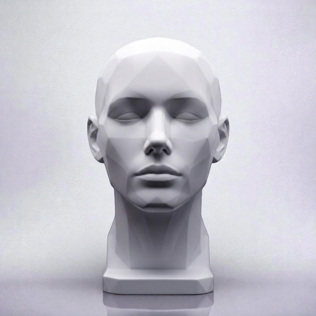 Happy3dWorld white minimalist human bust headphone stand with a modern geometric faceted design on a neutral background