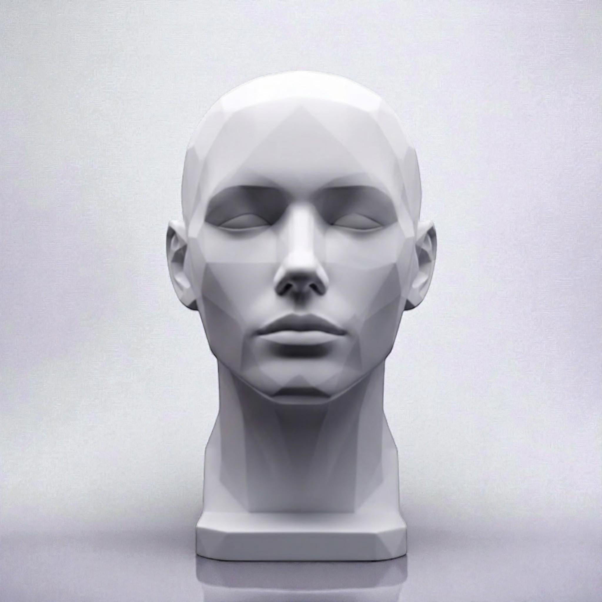 Happy3dWorld white minimalist human bust headphone stand with a modern geometric faceted design on a neutral background