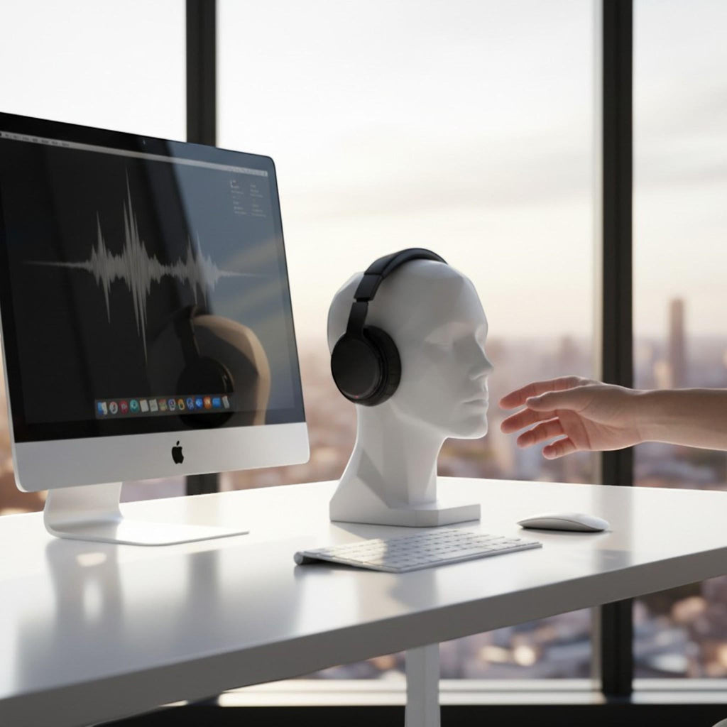 Happy3dWorld white human bust headphone stand on a modern desk with a computer monitor and a hand reaching towards it