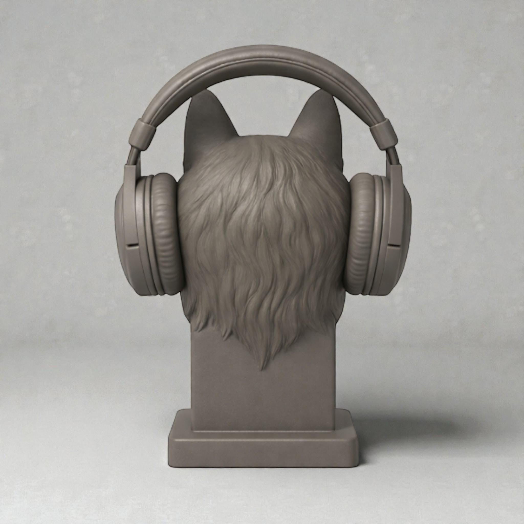 Happy3dWorld gray 3D printed wolf head bust headphone stand holding over-ear gaming headset from the back view