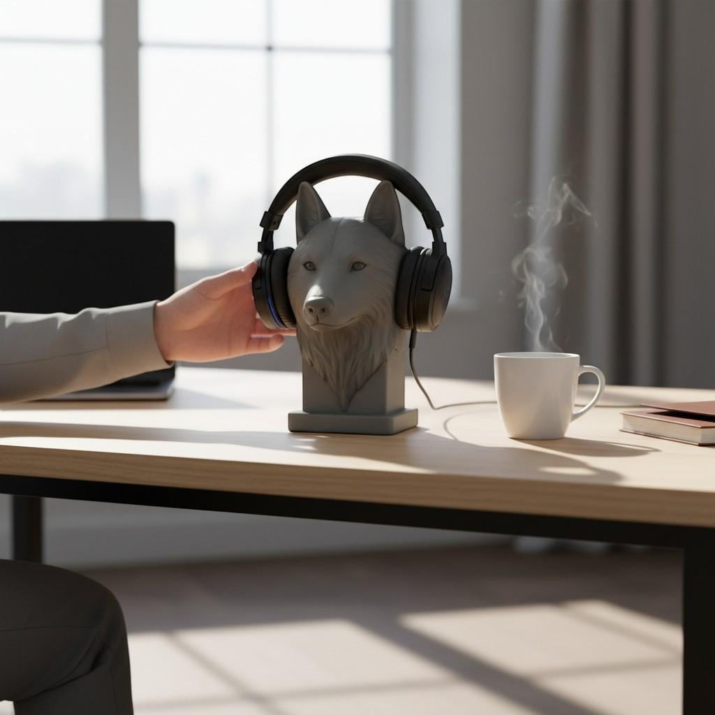 Happy3dWorld gray 3D printed wolf head headphone stand holding a black headset on a wooden desk with a coffee mug
