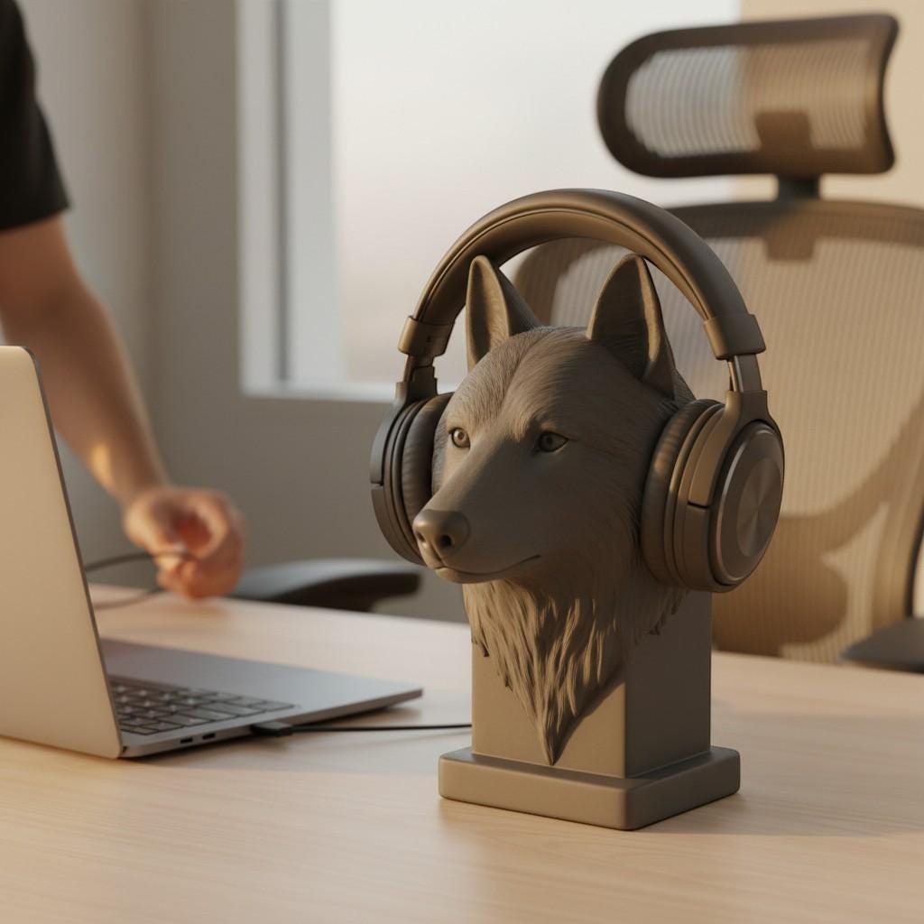 Happy3dWorld matte black 3D printed wolf bust headphone stand holding a headset on a wooden gaming desk.
