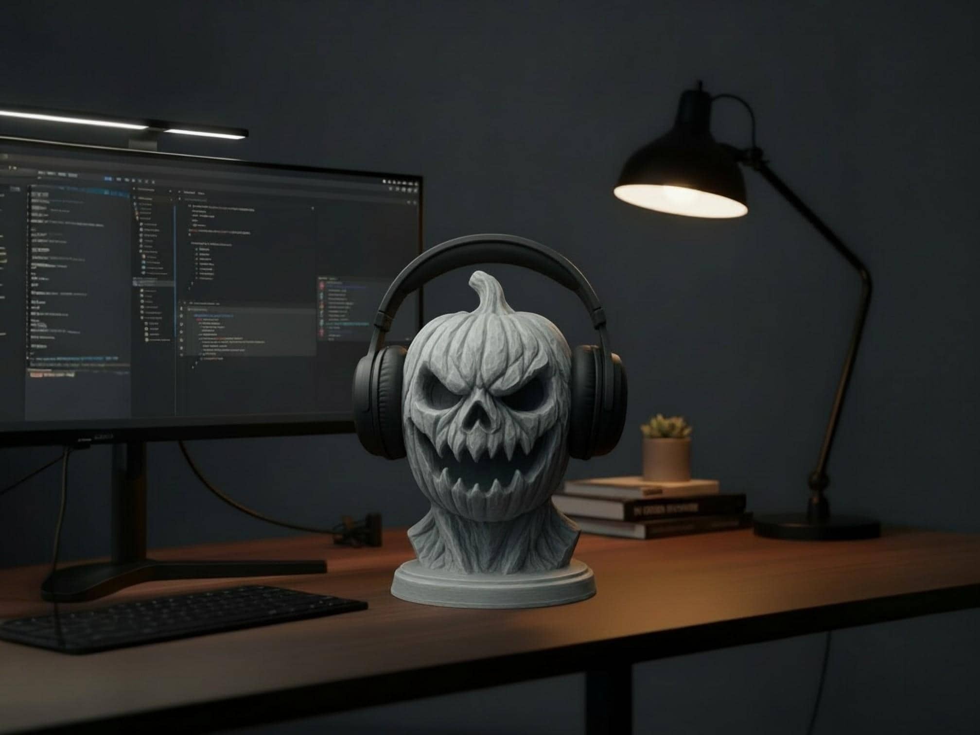 Pumpkin Skull Headphone Stand – Gothic Halloween Decor – 3D printed headphone stand detail 1