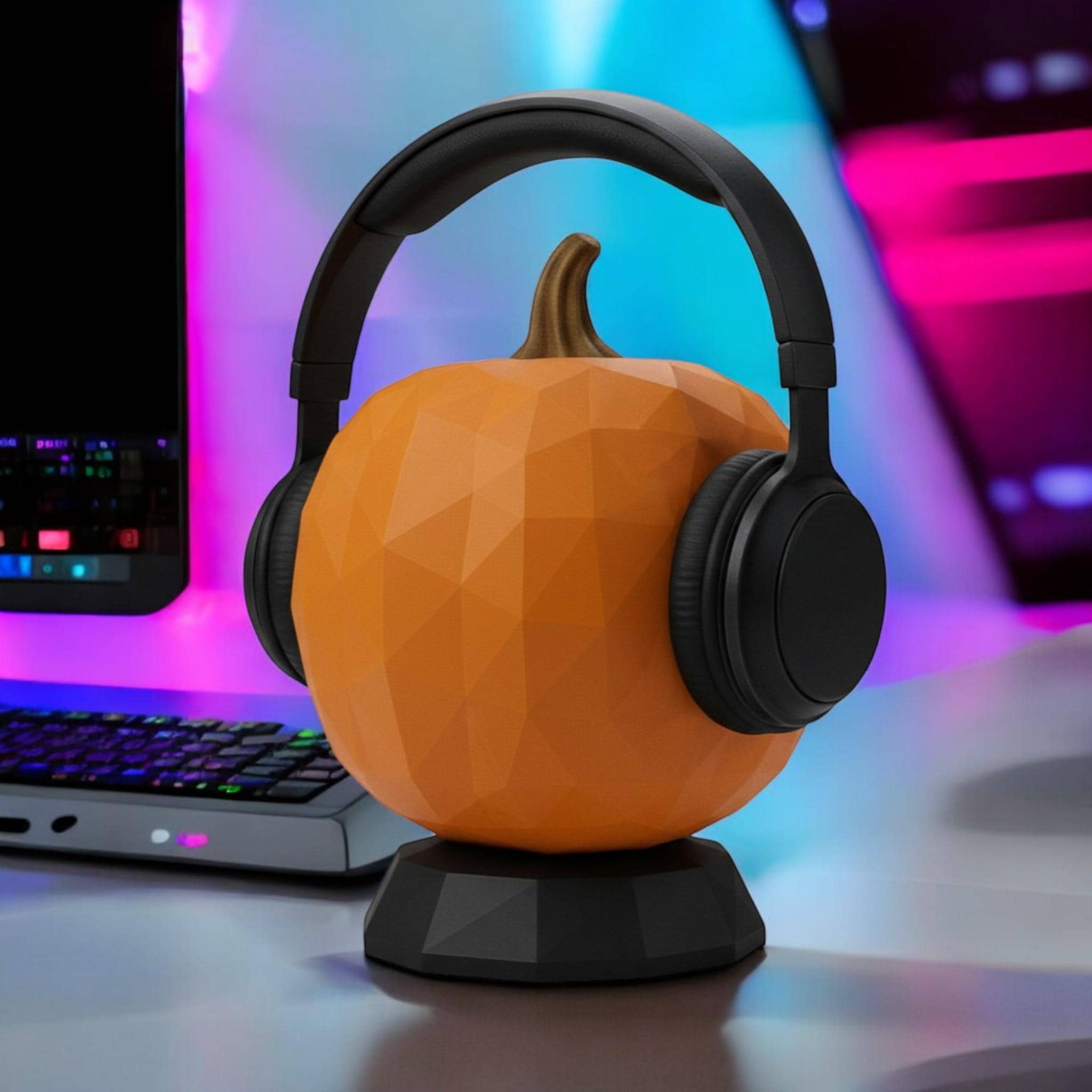 Pumpkin Bust Headphone Stand – 3D Printed Halloween Desk Decor – 3D printed headphone stand detail 7