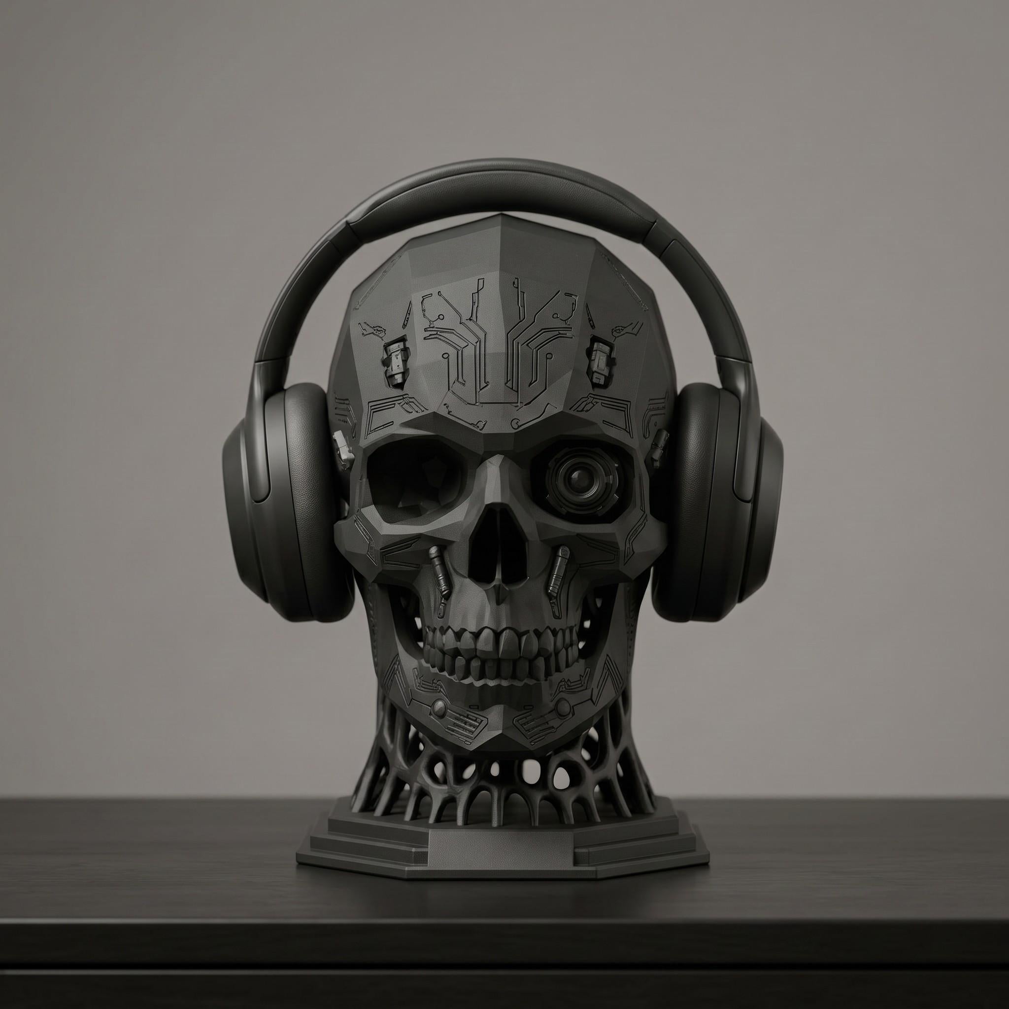 Mechanical Skull Headset Holder – Industrial Sci-Fi Gaming Desk Decor – 3D printed headphone stand detail 4