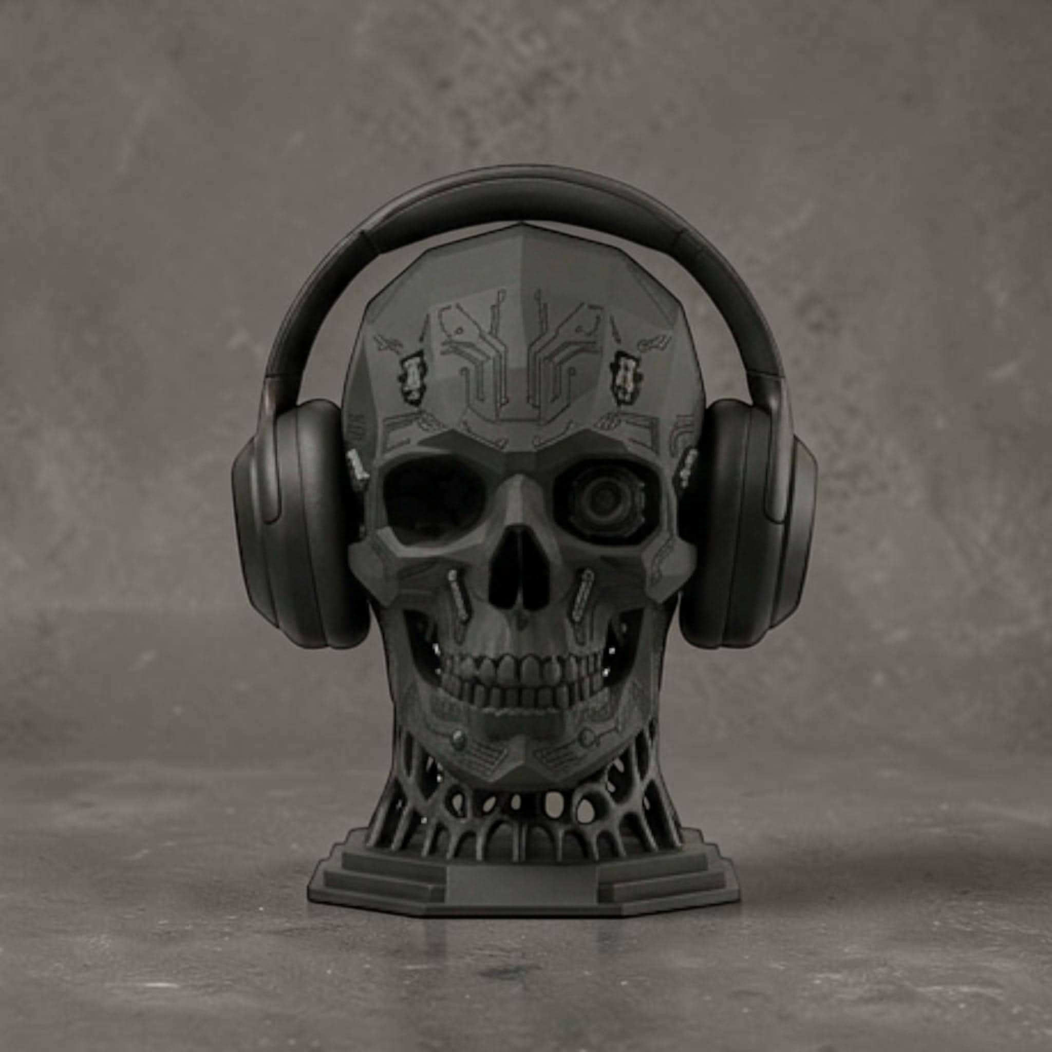 Mechanical Skull Headset Holder – Industrial Sci-Fi Gaming Desk Decor – 3D printed headphone stand detail 6