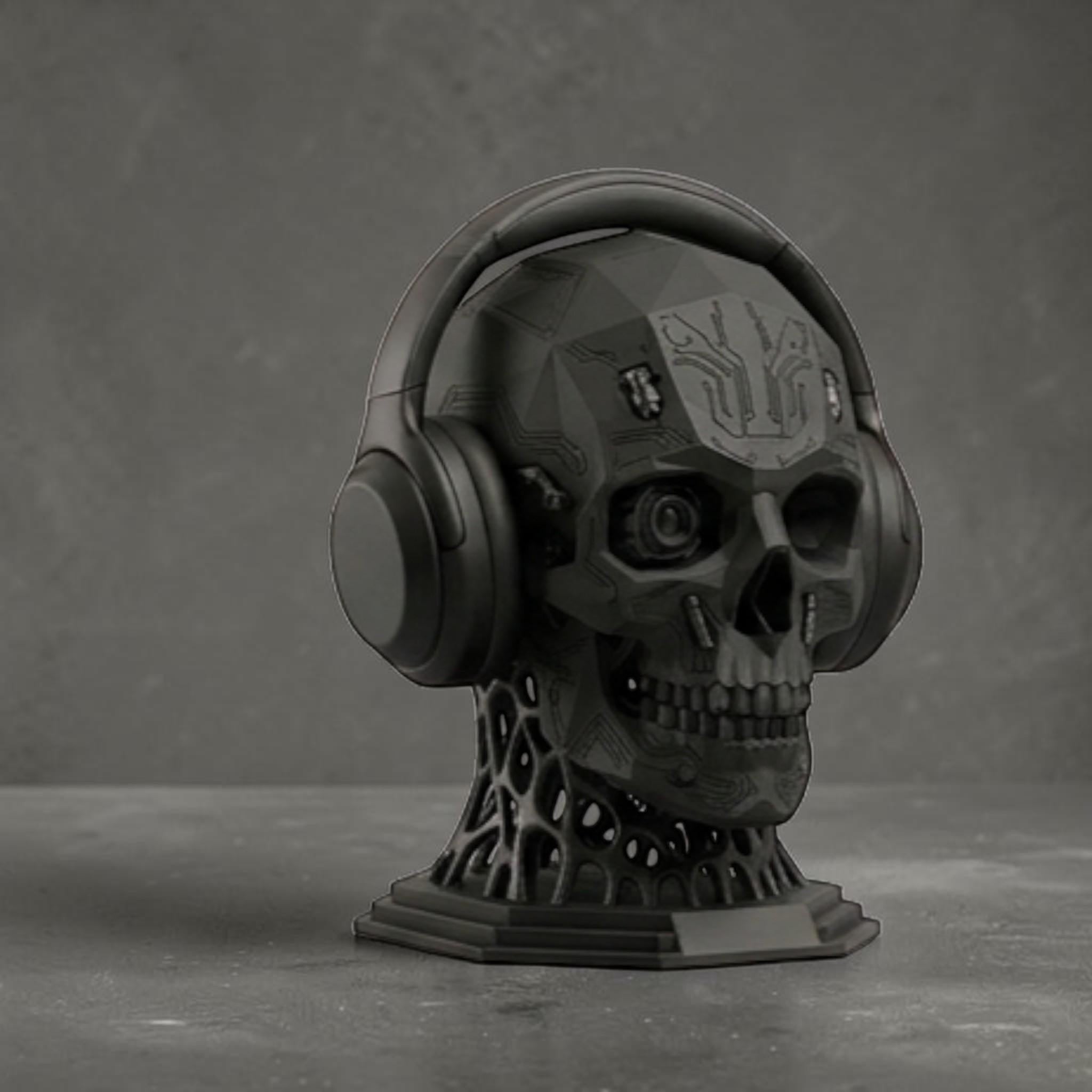 Mechanical Skull Headset Holder – Cyberpunk Bio-Mechanical Desk Stand – 3D printed headphone stand detail 14