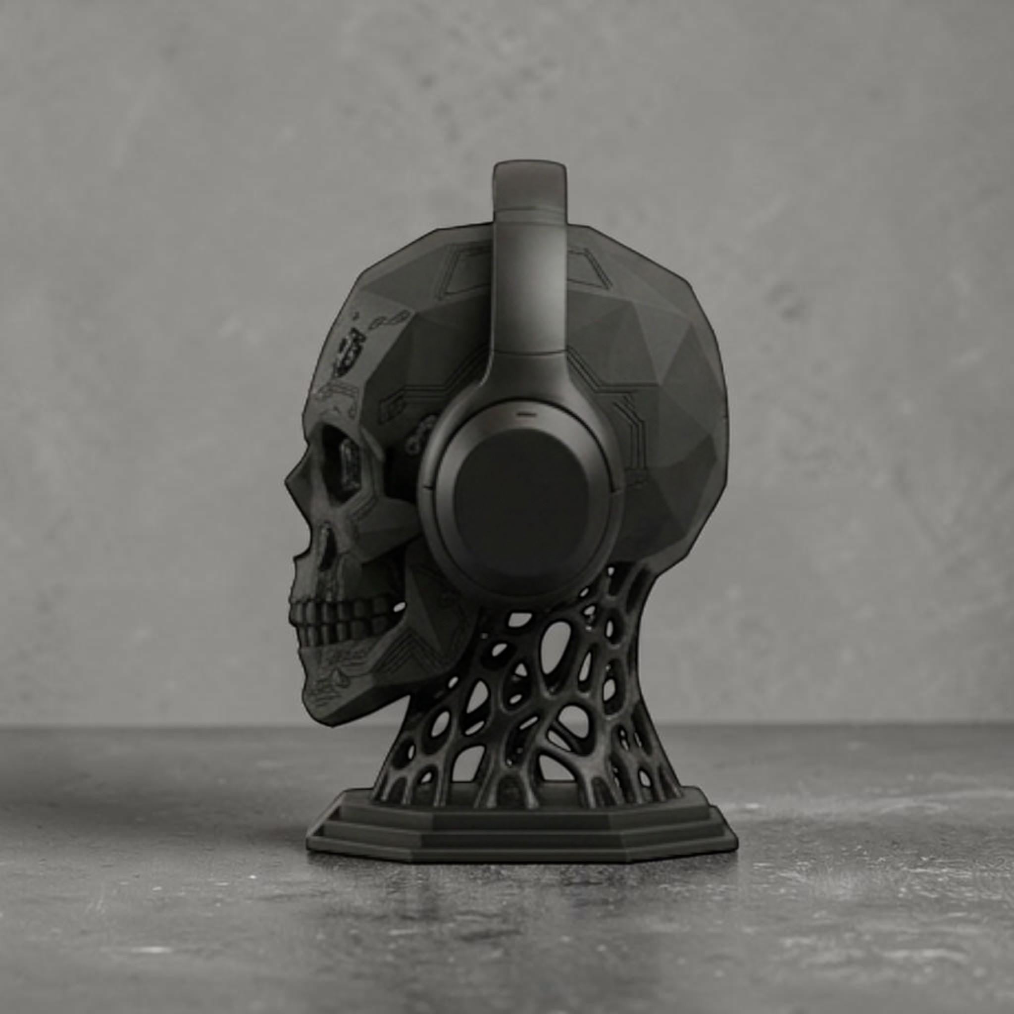Mechanical Skull Headset Holder – Cyberpunk Bio-Mechanical Desk Stand – 3D printed headphone stand detail 19