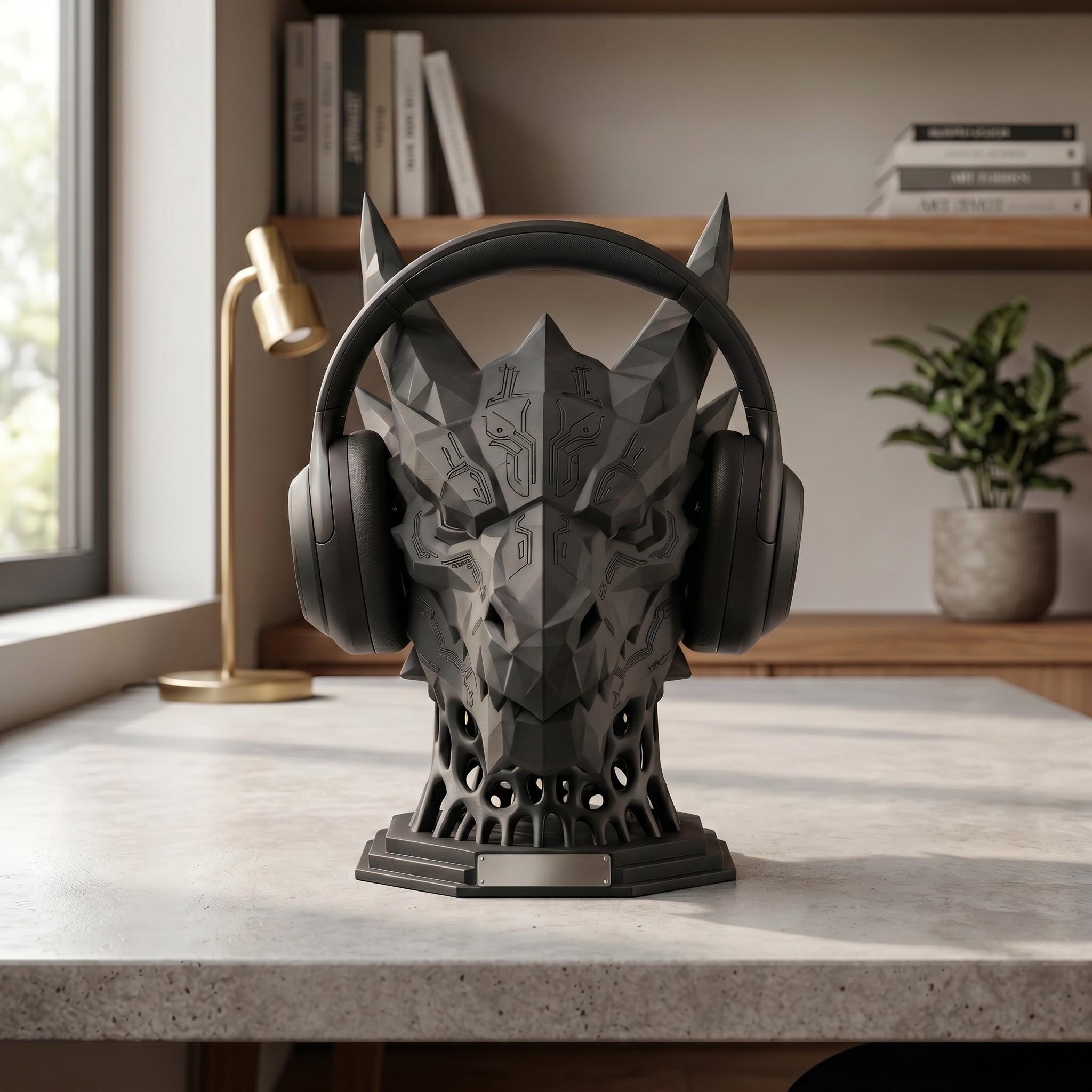 Mech Dragon Headset Stand – 3D Printed Sci-Fi Gaming Desk Decor – 3D printed headphone stand detail 3