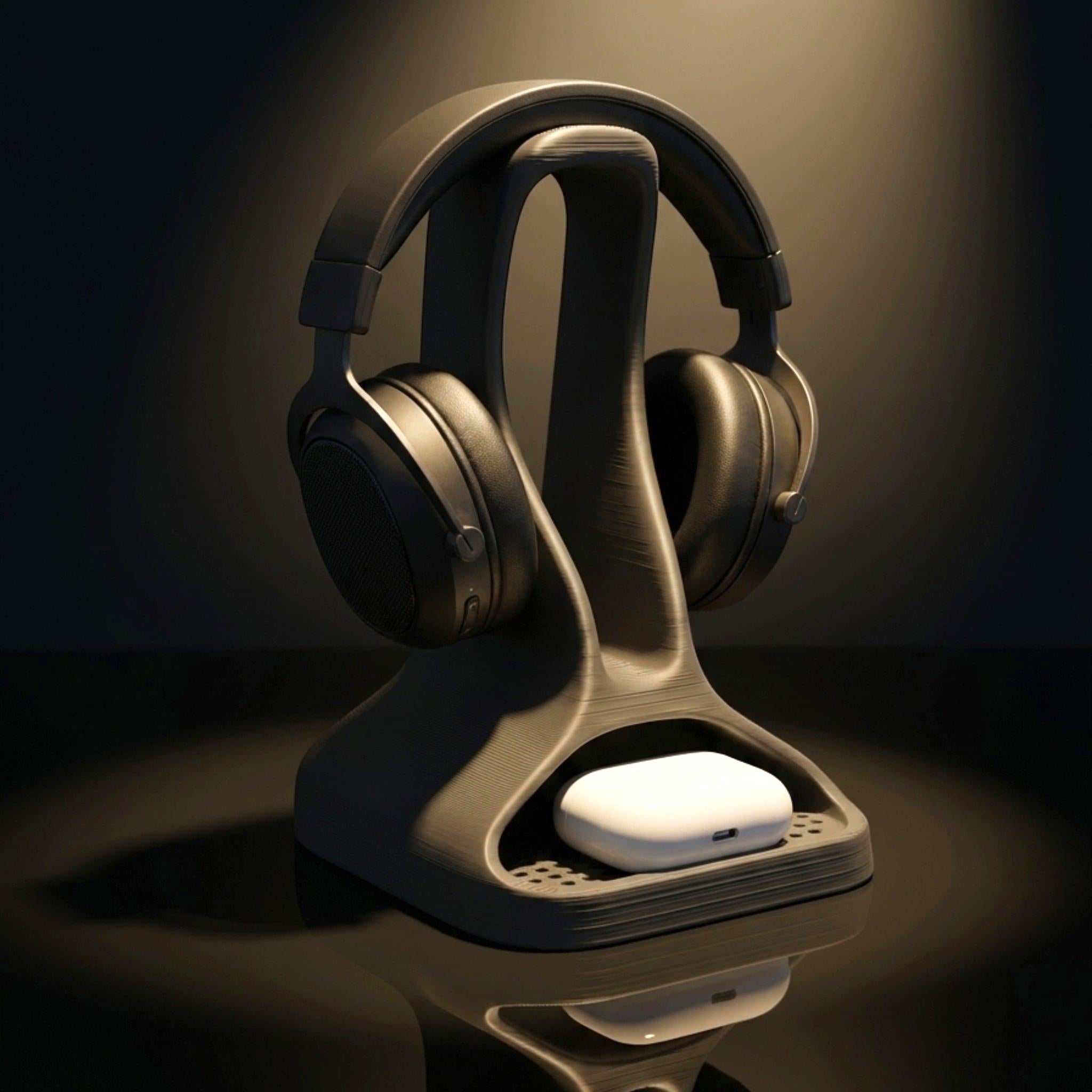 Headphone Stand with Earbud Tray – 3D Printed Minimalist Organizer – 3D printed headphone stand detail 1