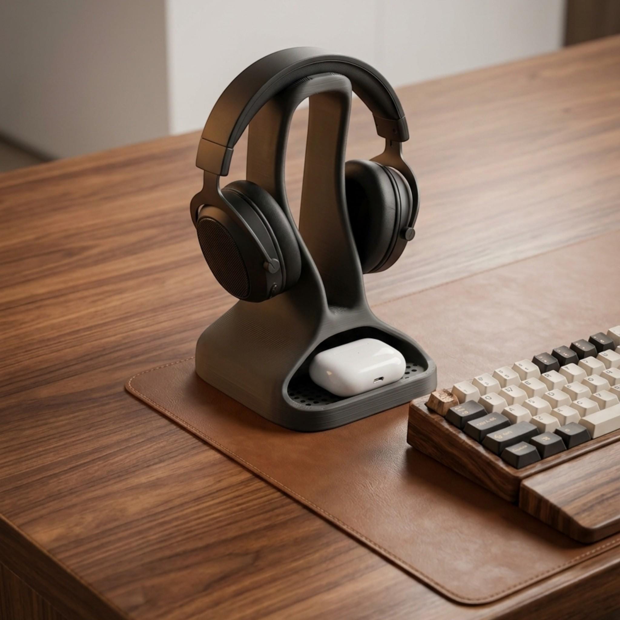 Headphone Stand with Earbud Tray – 3D Printed Minimalist Organizer – 3D printed headphone stand detail 2