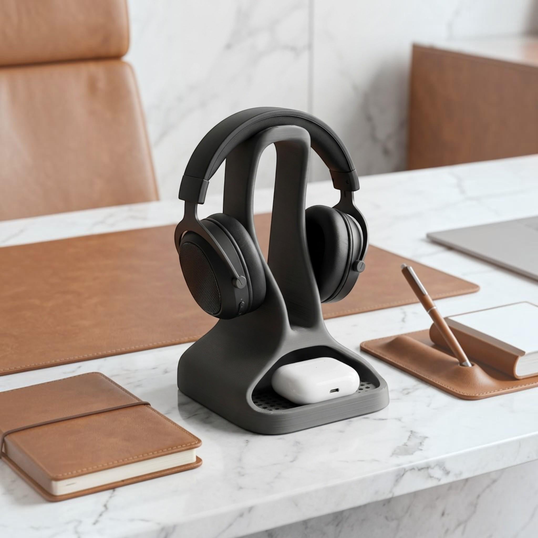 Headphone Stand with Earbud Tray – 3D Printed Minimalist Organizer – 3D printed headphone stand detail 3