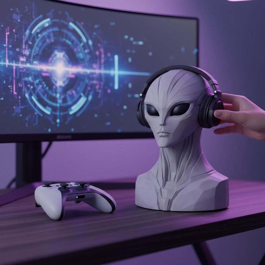 Alien Bust Headphone Stand - Sci Fi Headset Holder & Gamer Desk Decor – 3D printed headphone stand detail 4