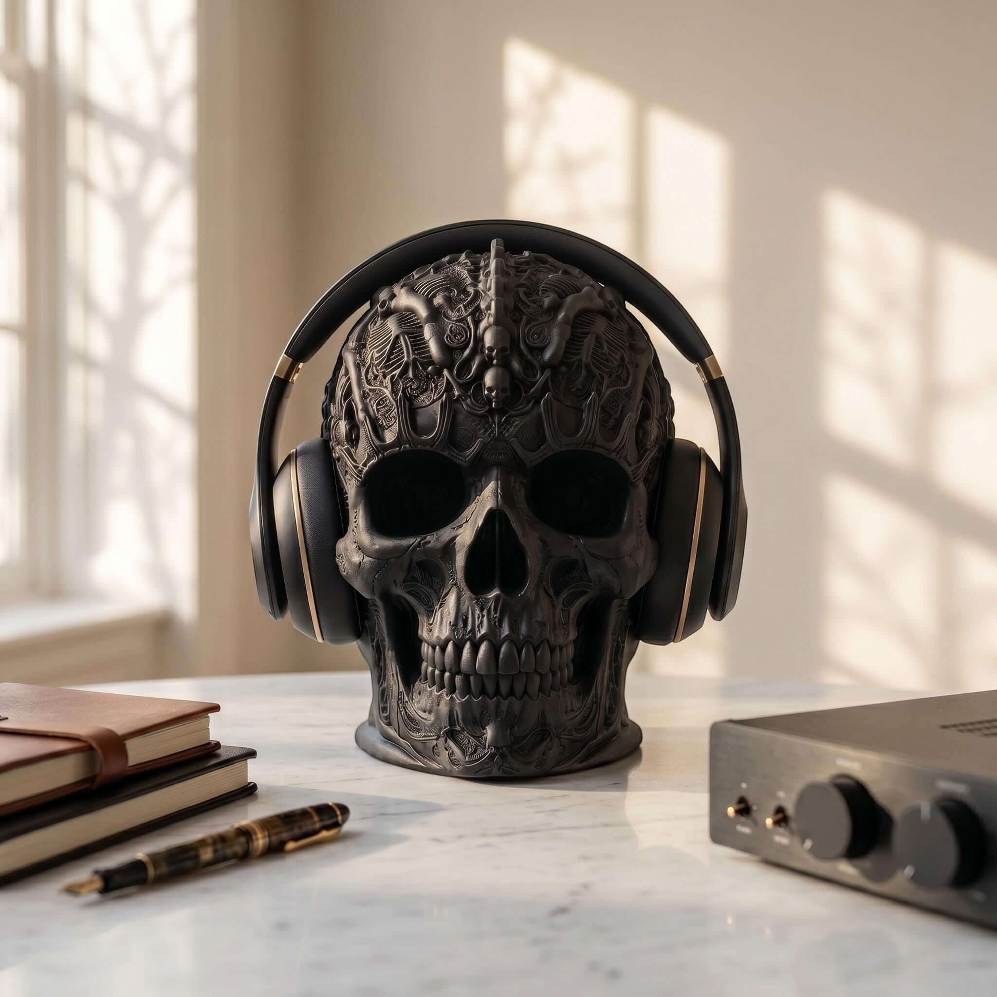 Gothic Skull Headphone Holder – Baroque Ornamental Desk Stand – 3D printed headphone stand detail 4