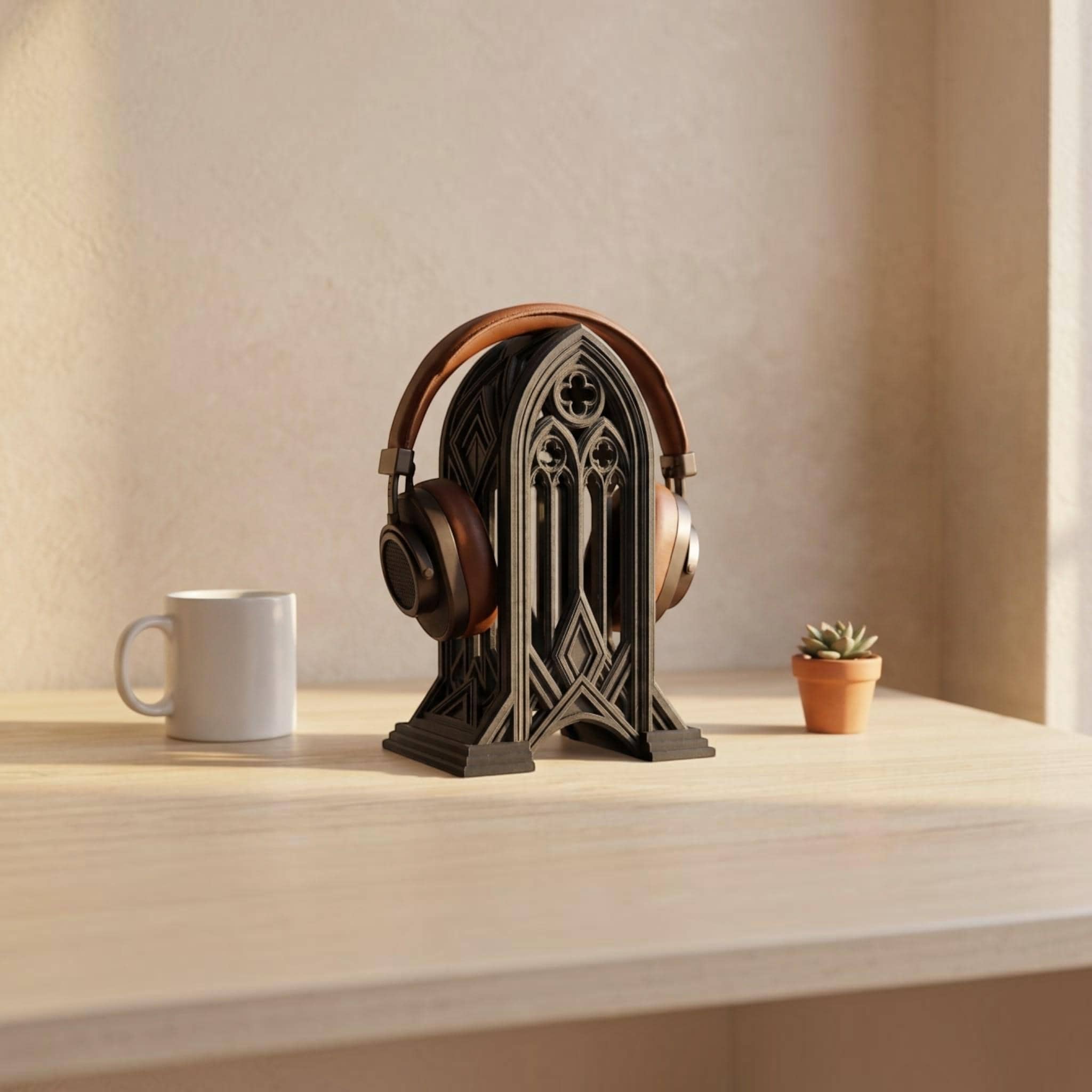 Gothic Cathedral Headphone Stand – 3D Printed Gaming Desk Decor – 3D printed headphone stand detail 2