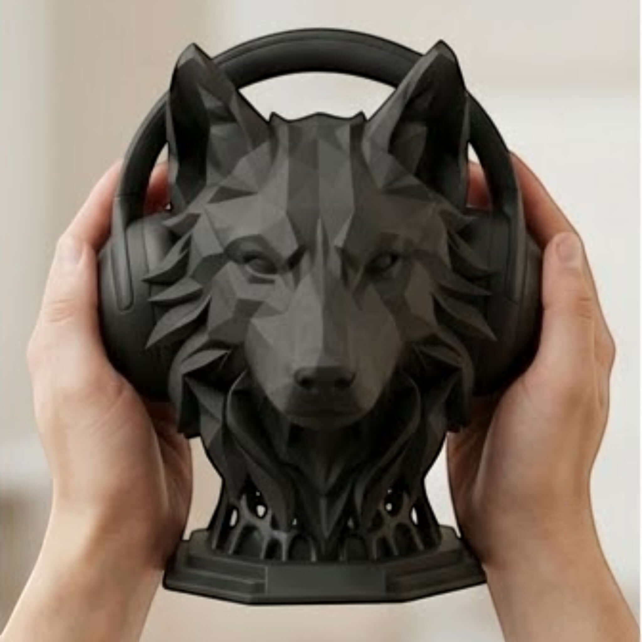 Geometric Wolf Headphone Stand – Matte Black Minimalist Edition – 3D printed headphone stand detail 2