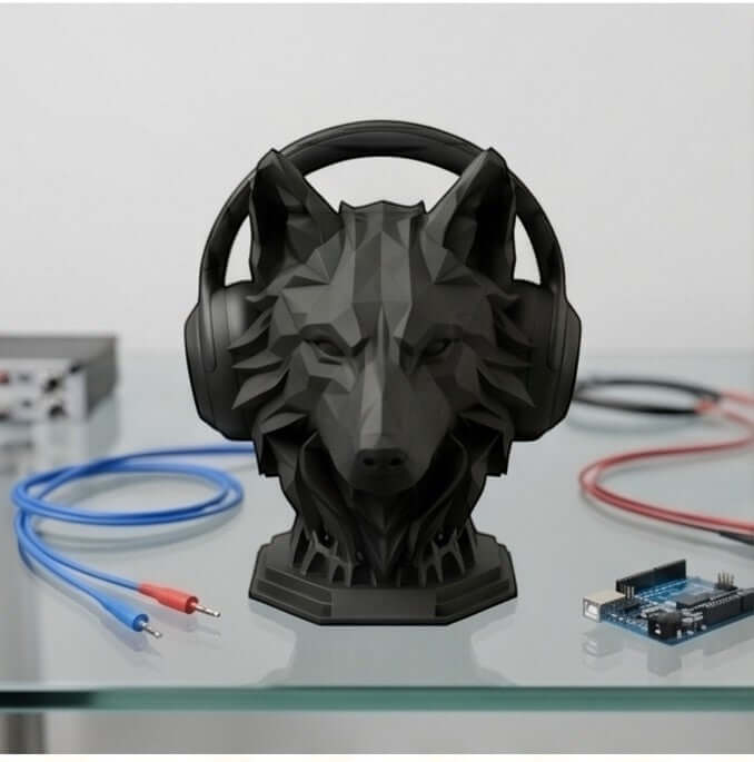 Geometric Wolf Headphone Stand – Matte Black Minimalist Edition – 3D printed headphone stand detail 5