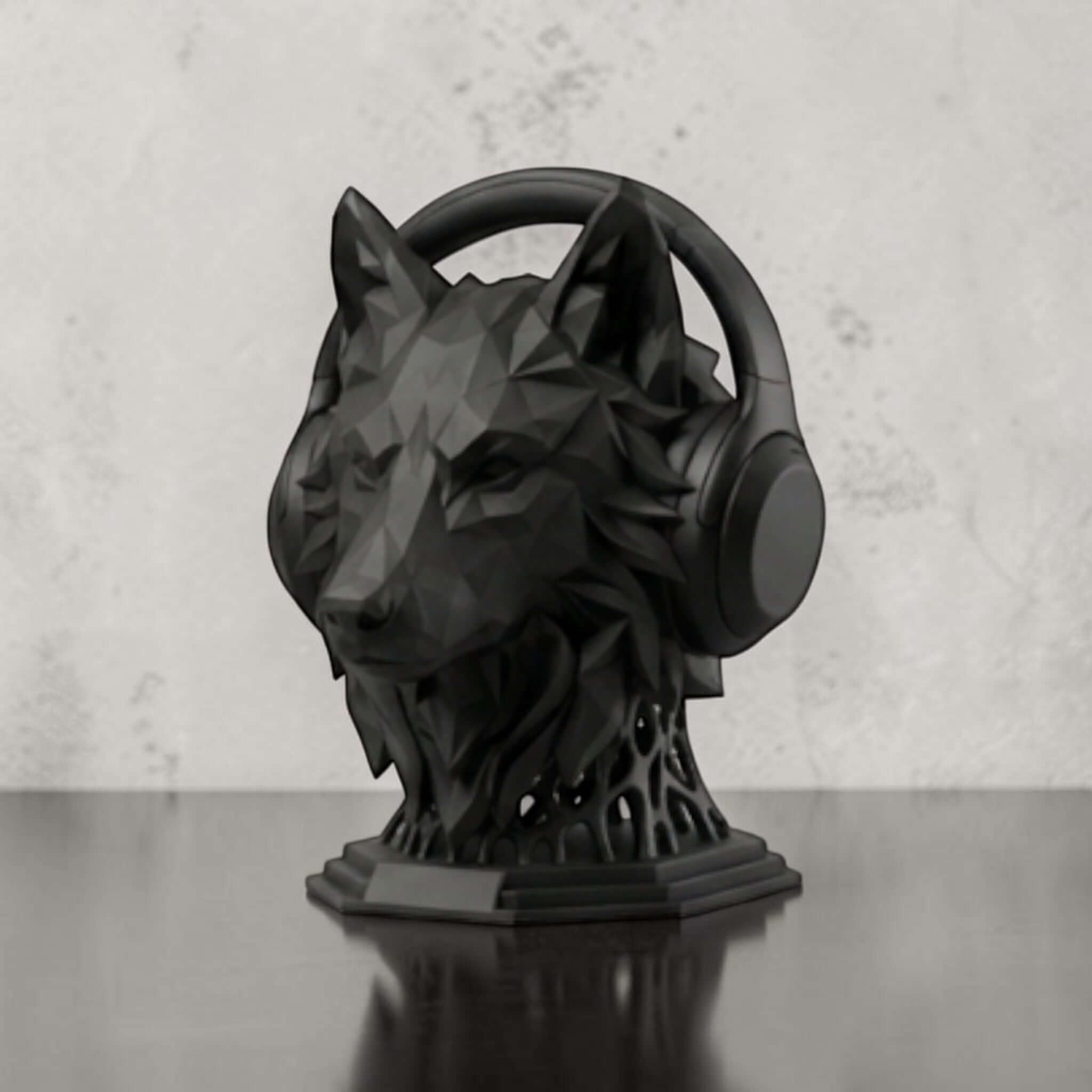 Geometric Wolf Headphone Stand – Matte Black Minimalist Edition – 3D printed headphone stand detail 7
