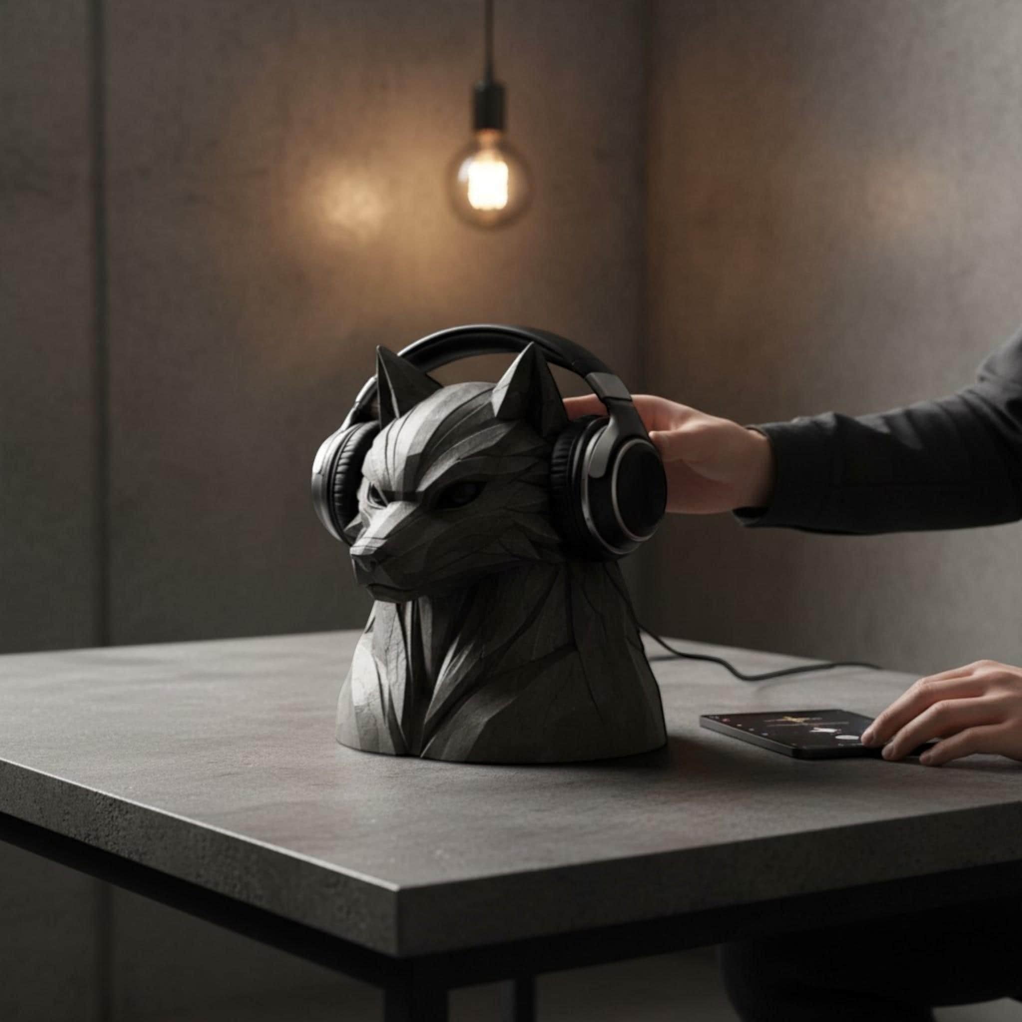 Geometric Wolf Headphone Stand – Compact Low-Poly Desk Organizer – 3D printed headphone stand detail 4