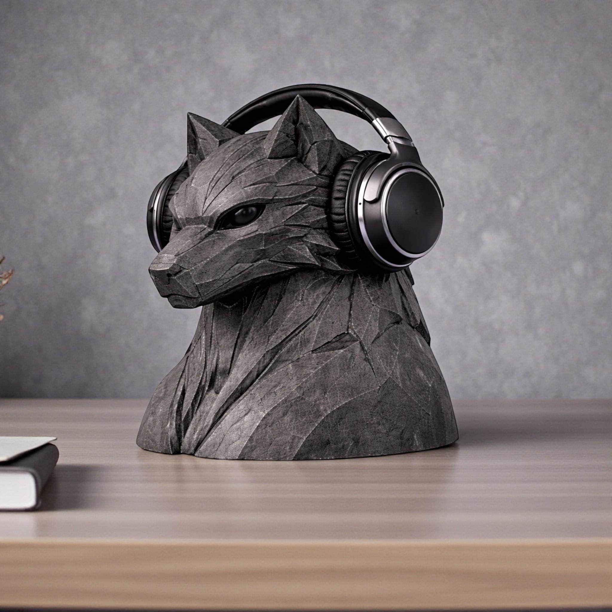 Geometric Wolf Headphone Stand – Compact Low-Poly Desk Organizer – 3D printed headphone stand detail 8
