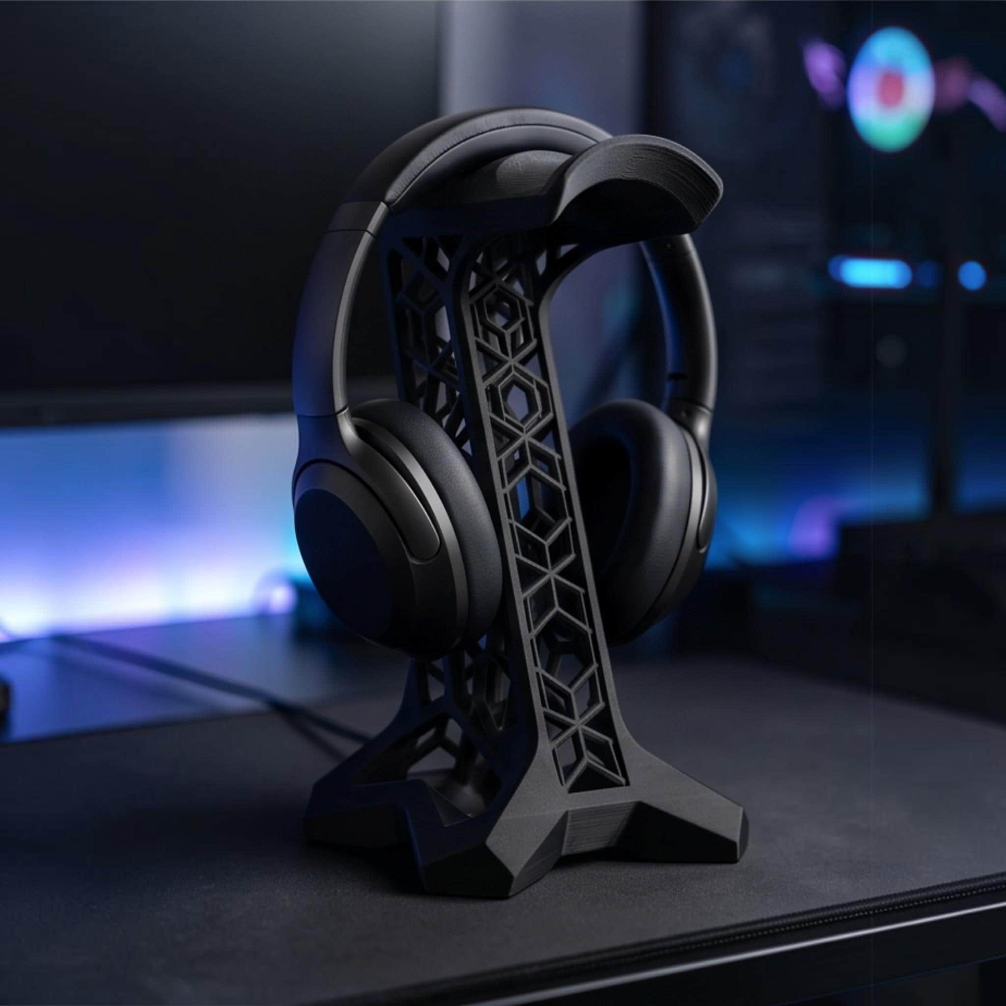 Geometric Lattice Headphone Stand – 3D Printed Black Studio Dock – 3D printed headphone stand detail 2
