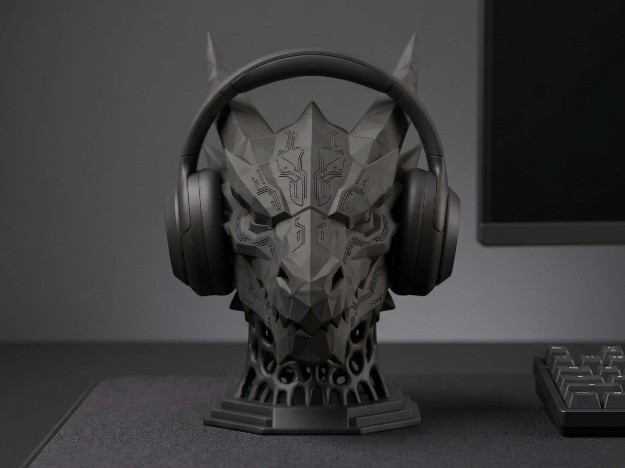 Geometric Dragon Headphone Stand – Matte Black Minimalist Edition – 3D printed headphone stand detail 1